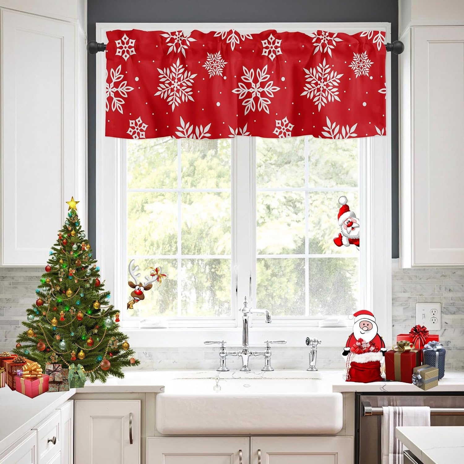 Christmas Window Curtain Valance for Kitchen Bedroom, Snowflakes Printed Red Short Curtain Valance Christmas Decoration Rod Pocket for Bathroom Living Room,54" x 18", 1 Panel