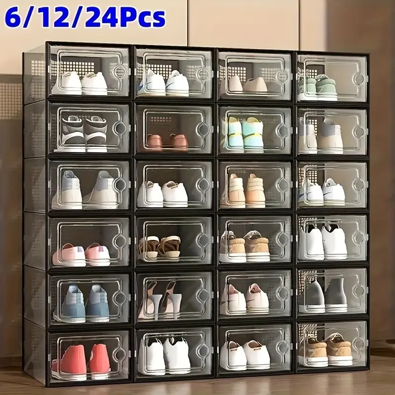 Thickened Transparent Shoe Boxes with Lid, Foldable Stackable Shoe Rack, Plastic Sneaker Container, Space Saving Storage Organizer for Entryway Bedroom