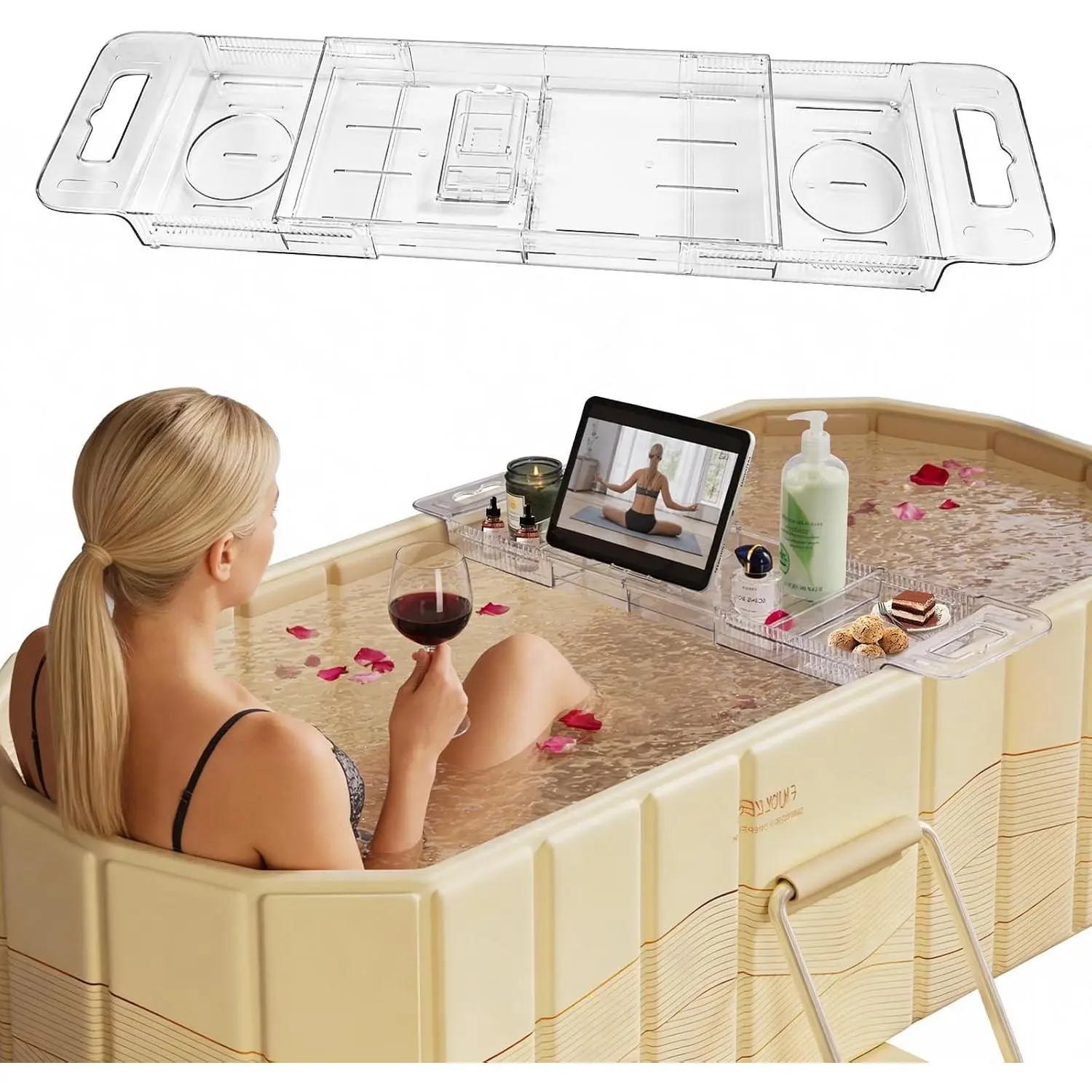 Foldable Bathtub Tray, Adjustable Expandable Bath Tray for Tub 22-31.4in | Clear Acrylic Bathtub Caddy Tray, Shower Tub Organizer Rack with Multi Compartments, Multi-Position Tablet Holder
