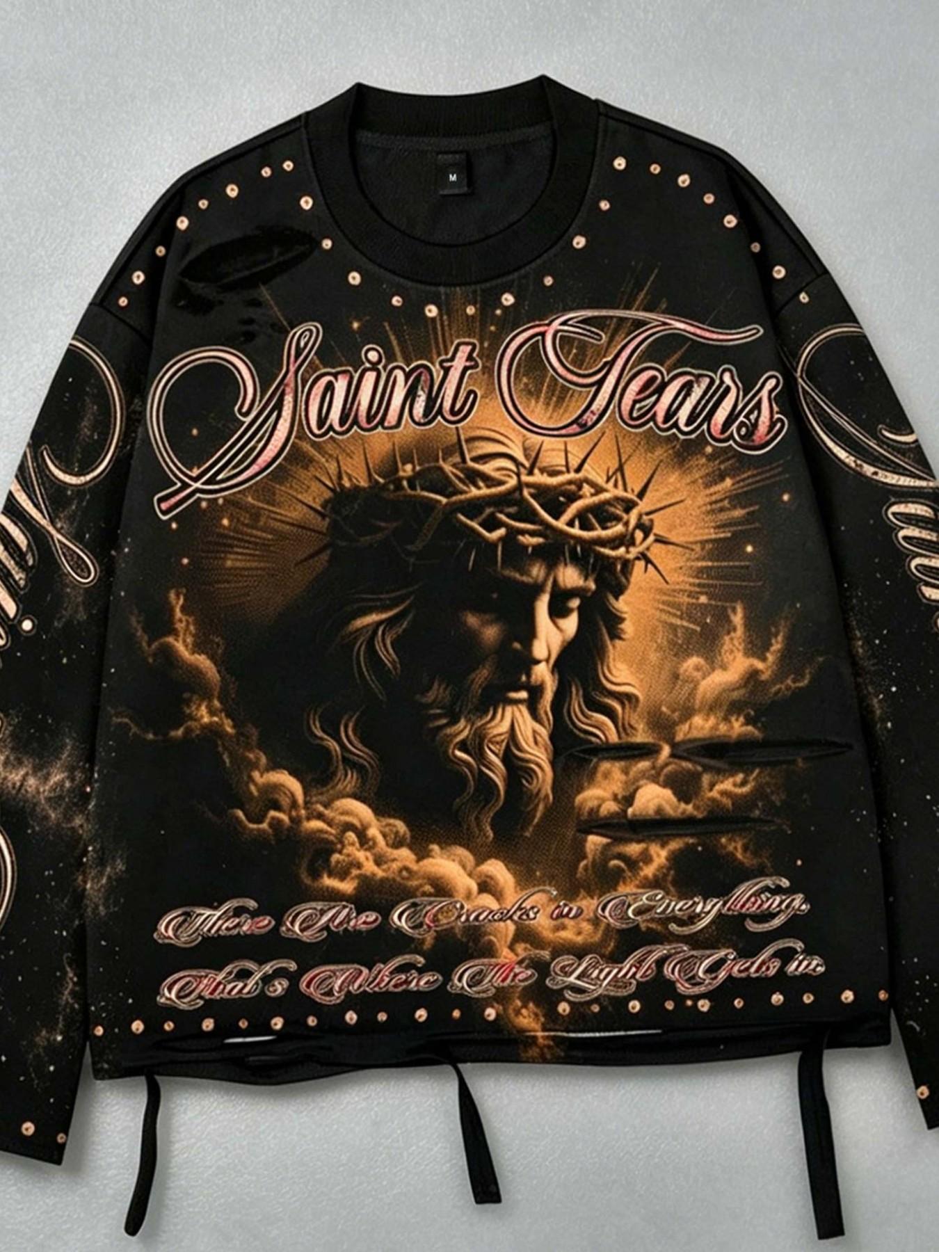 Retro-style Jesus Print Men's Long Sleeve T-Shirt Hoodie, Streetwear Brand Fashion Long Sleeve Shirt Flared Hem, Ripped Hem Design, Unisex Loose Fit Spring/Autumn 2026 New Arrivals in American Vintage Jesus Religious Theme