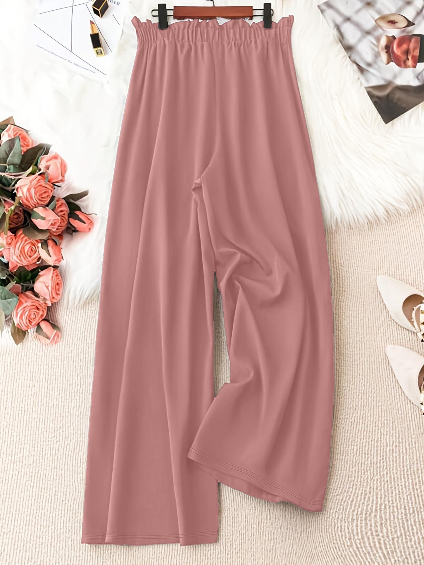 Plus Size Solid Knot Front Elastic Waist Wide Leg Pants, Casual Style Loose Trousers for Everyday Wear, Women's Bottoms for Spring & Summer, Womenswear