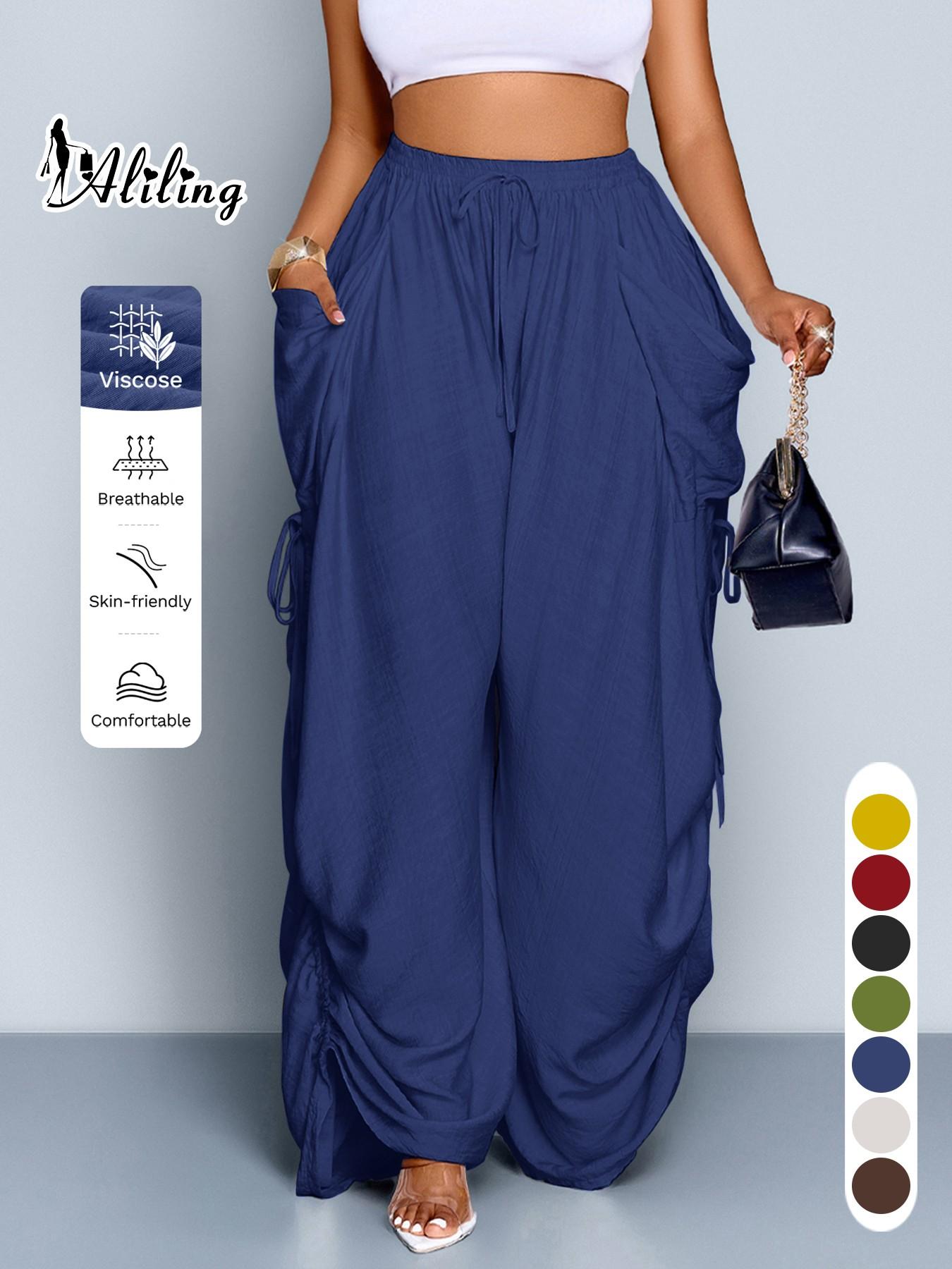Aliling Women's Summer Casual Basic Solid Color High-Waisted Wide-Leg Bottom Pants, Adjustable Drawstring Side Regular Fit Pants for All Seasons