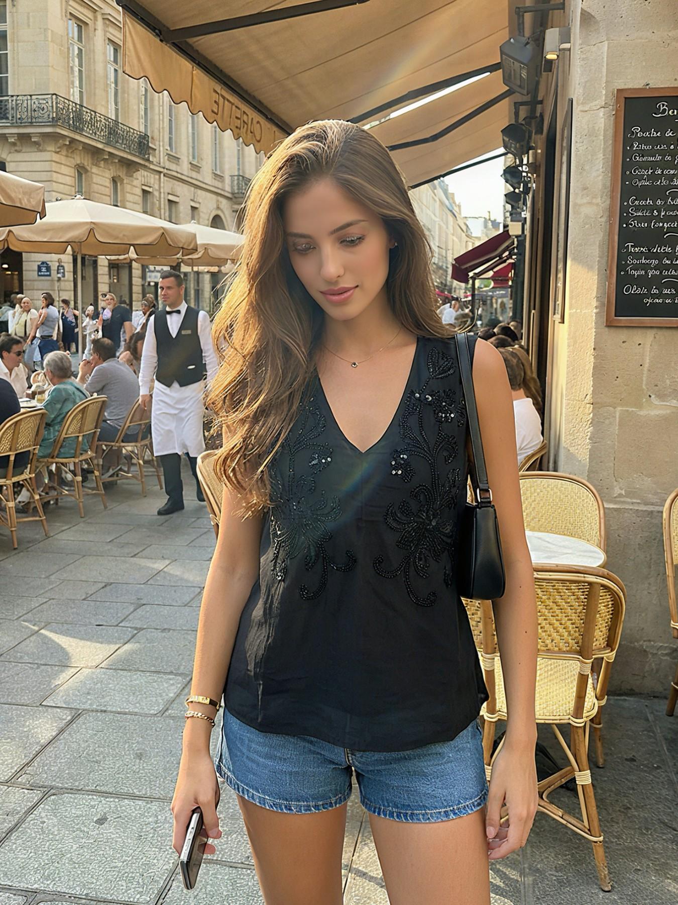 Women's V-Neck Sleeveless Top, French Vintage Style Embroidered Sequins Design, High-Quality Fashionable Summer Wear