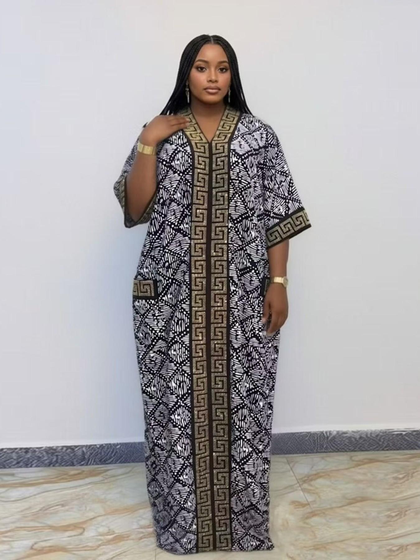 Plus Size African-Style Kaftan Dress for Women, Geometric Print Ethnic Loose V-Neck Boubou with Pockets for Casual Boho Chic Party Wear, Comfortable and Stylish, Bohemian Dress, Boho Dresses