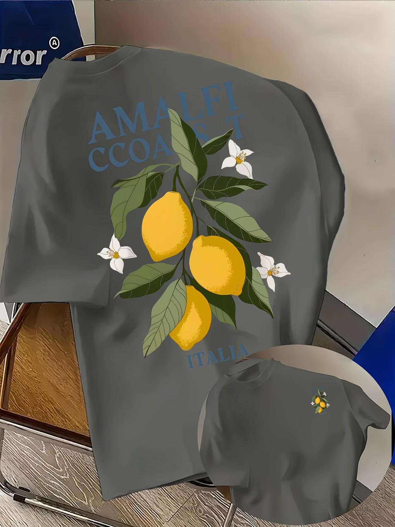 Men's Casual Amalfi Coast Lemon Print T-Shirt, Fashion Double-Sided Print, Lightweight Elastic, Regular Fit, Summer Streetwear