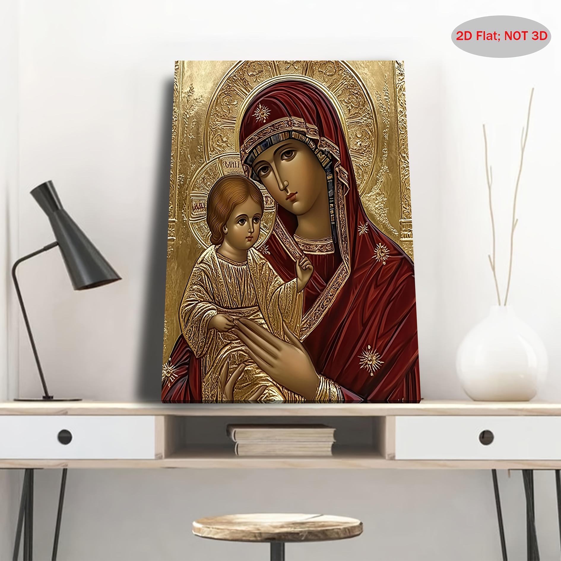 2D flat design, one Byzantine Russian Orthodox image of the Virgin Mary and Infant Christ - traditional Oriental religious art, gold background, red robe, canvas oil painting - wooden frame, home/church decoration - a spiritual gift for Christmas, Easter,