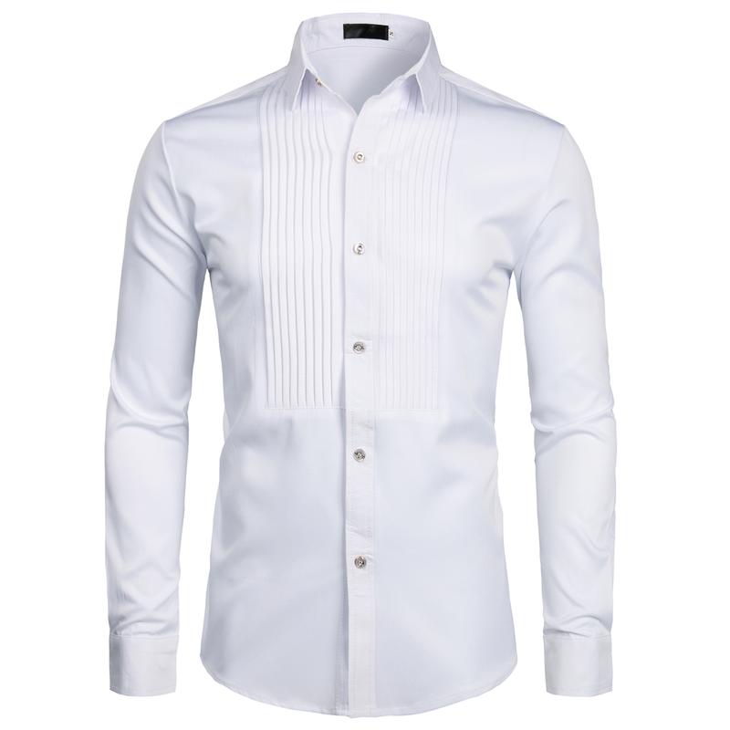 ZEROYAA Mens Slim Fit Long Sleeve Tuxedo Dress Shirts White Polyester Fabric Casual Korean Style Top for Spring Autumn Various Occasions