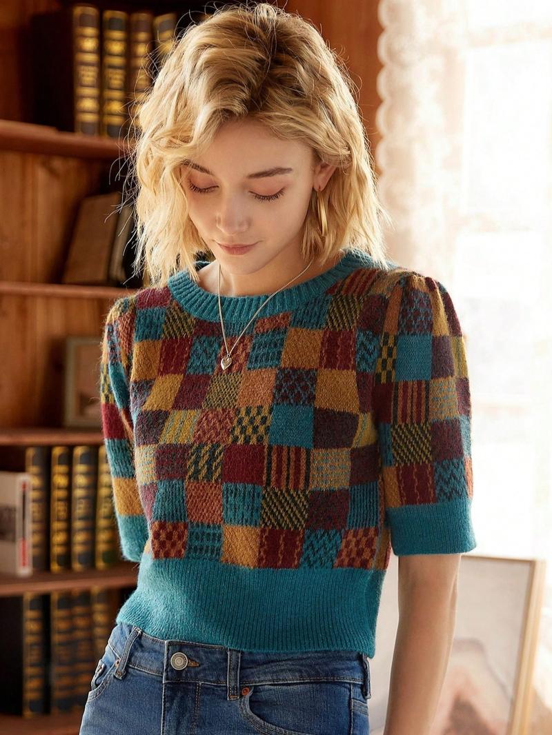 Women's Random Plaid Pattern Round Neck Sweater, Casual Half Sleeve Crew Neck Jumper for Fall & Winter, Fashion Ladies' Knitwear for Daily Wear