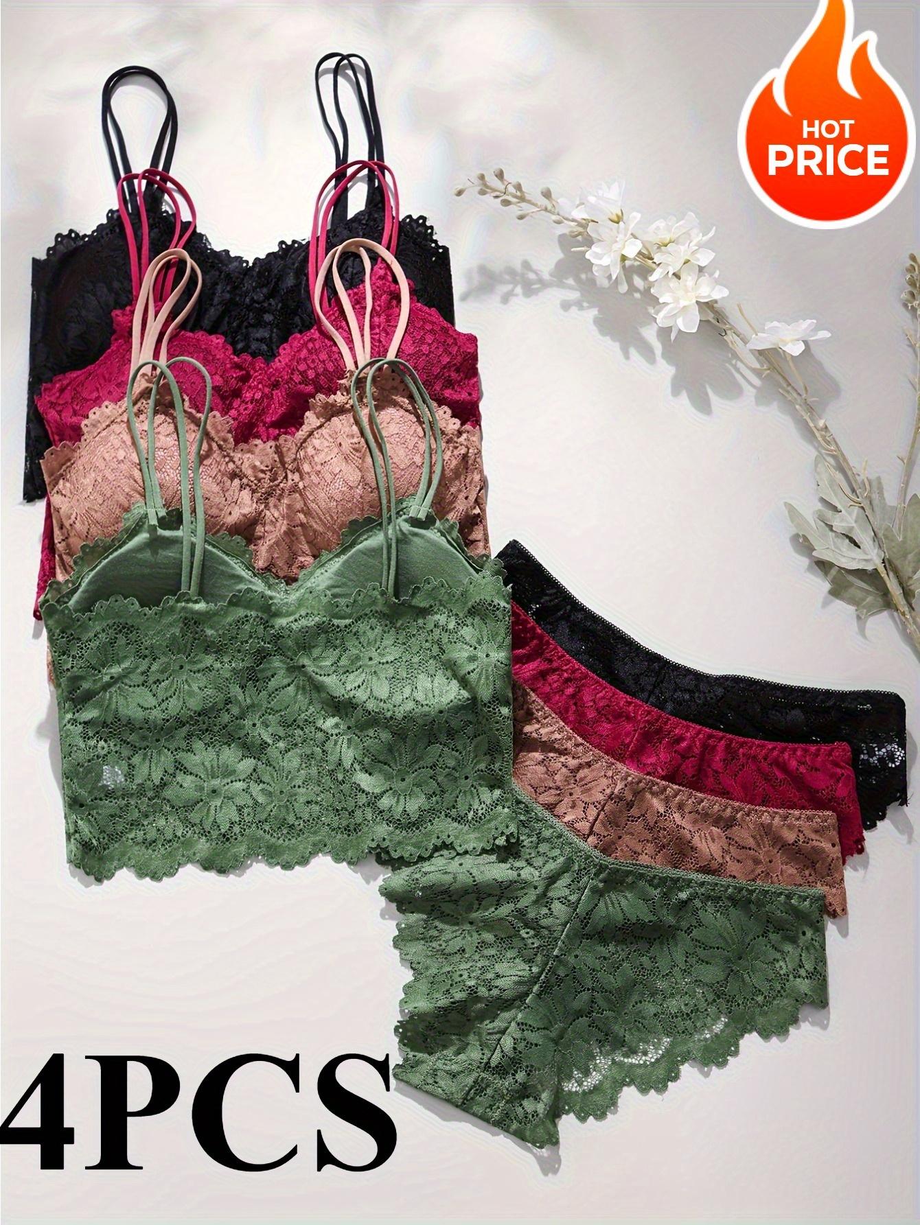 HICLOTH  Women 4-Pack Lace Bralettes with Matching Panties – Wireless, Soft, Double-Strap Lingerie Womenswear