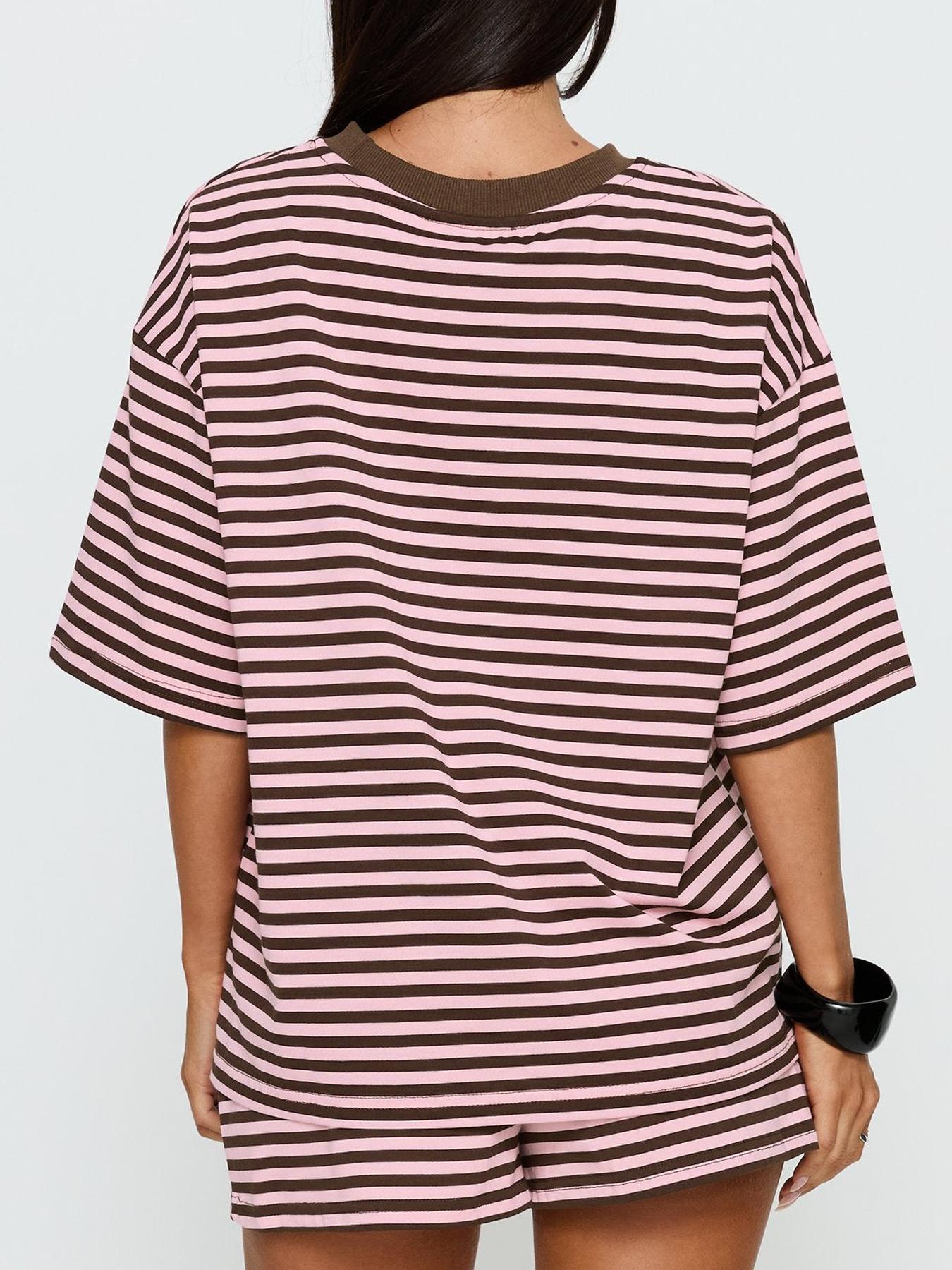 2 Spring Summer Striped Print 2 Piece Outfit Women Womenswear Clothes | Oversized T-Shirt + Drawstring Shorts | Soft Casual Lounge Set | Y2K Clean Girl Style for Daily Home Vacation Wear