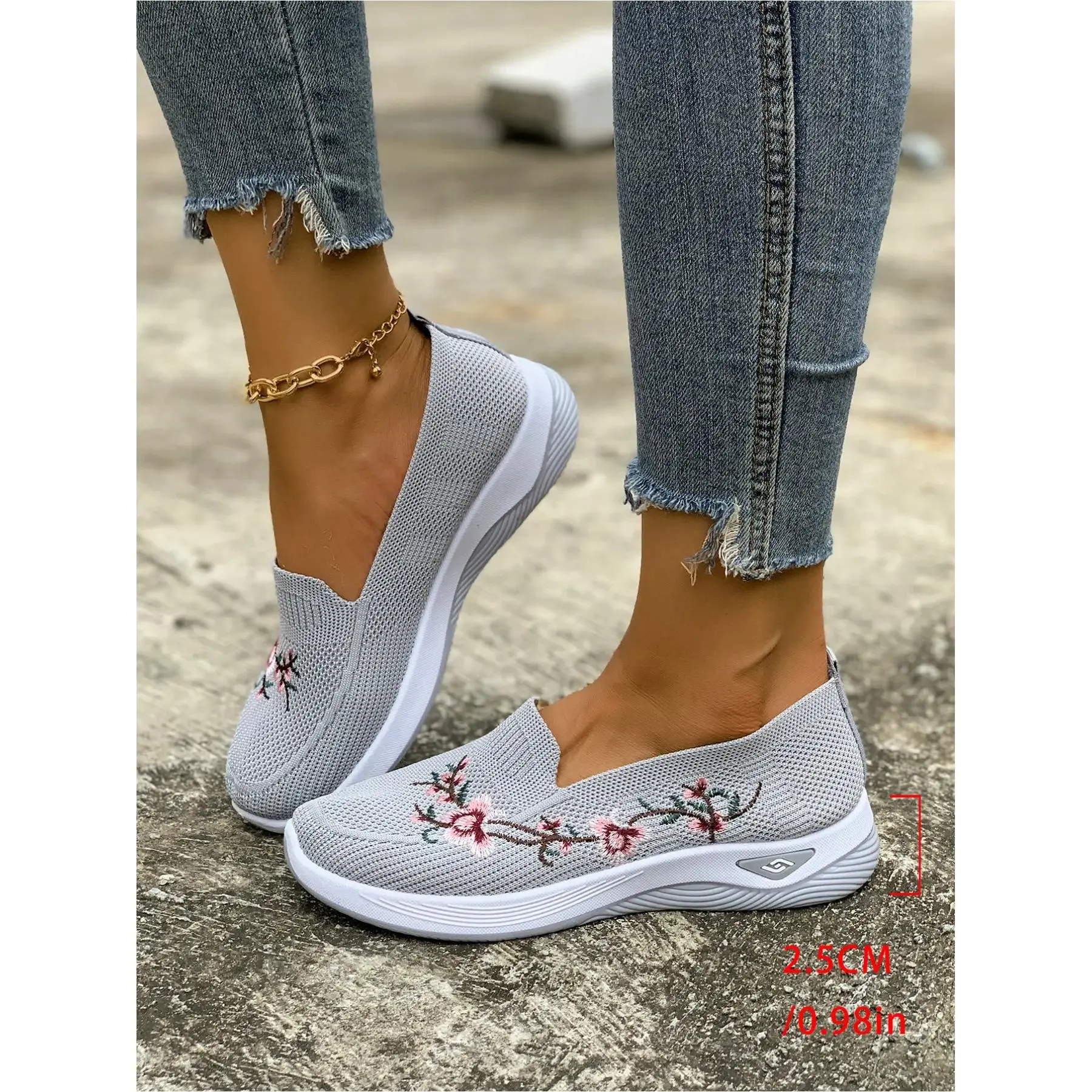 YYW1 Women's-On Embroidered Mesh Breathable Casual Shoes, Comfortable Lightweight Rubber Sole, Non-Walking Sneakers All Seasons