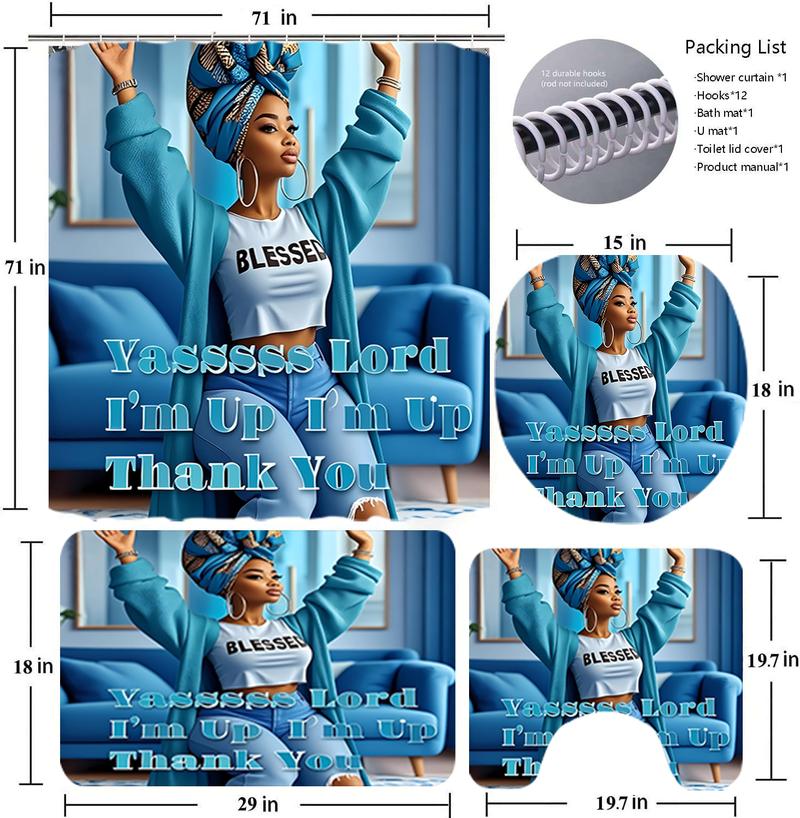 4PC Beautiful Girl Summer Unique Elegant Polyester Cloth With 12 Hooks Shower Curtain For Bathrooms Waterproof Quick Drying Machine Washable Home Bathroom Decor Shower Curtain Sets for Bathroom