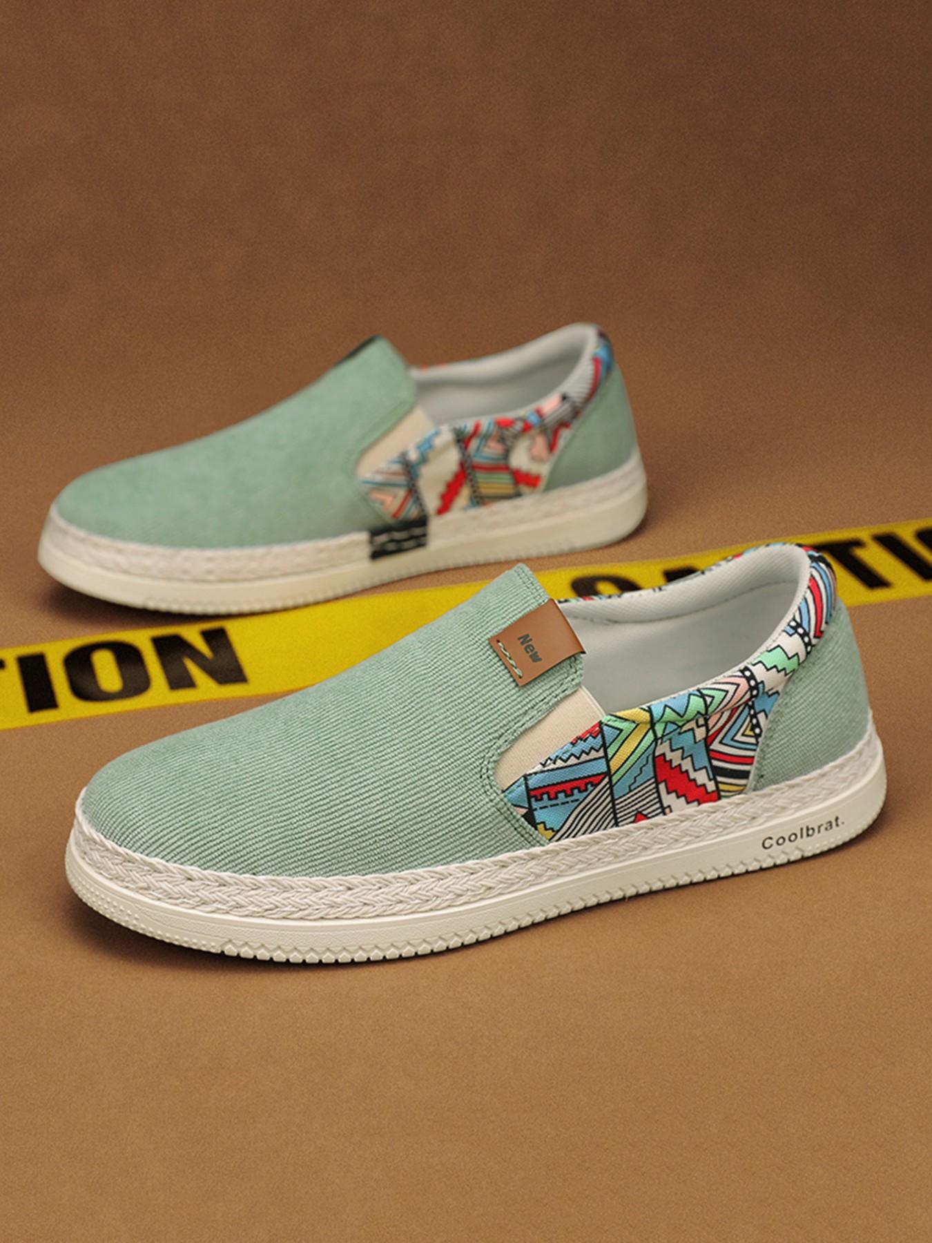 Men's Mint Ethnic Style Slip-On Canvas Shoes, Breathable Comfortable Loafers, Summer Footwear, Sizes 39-44