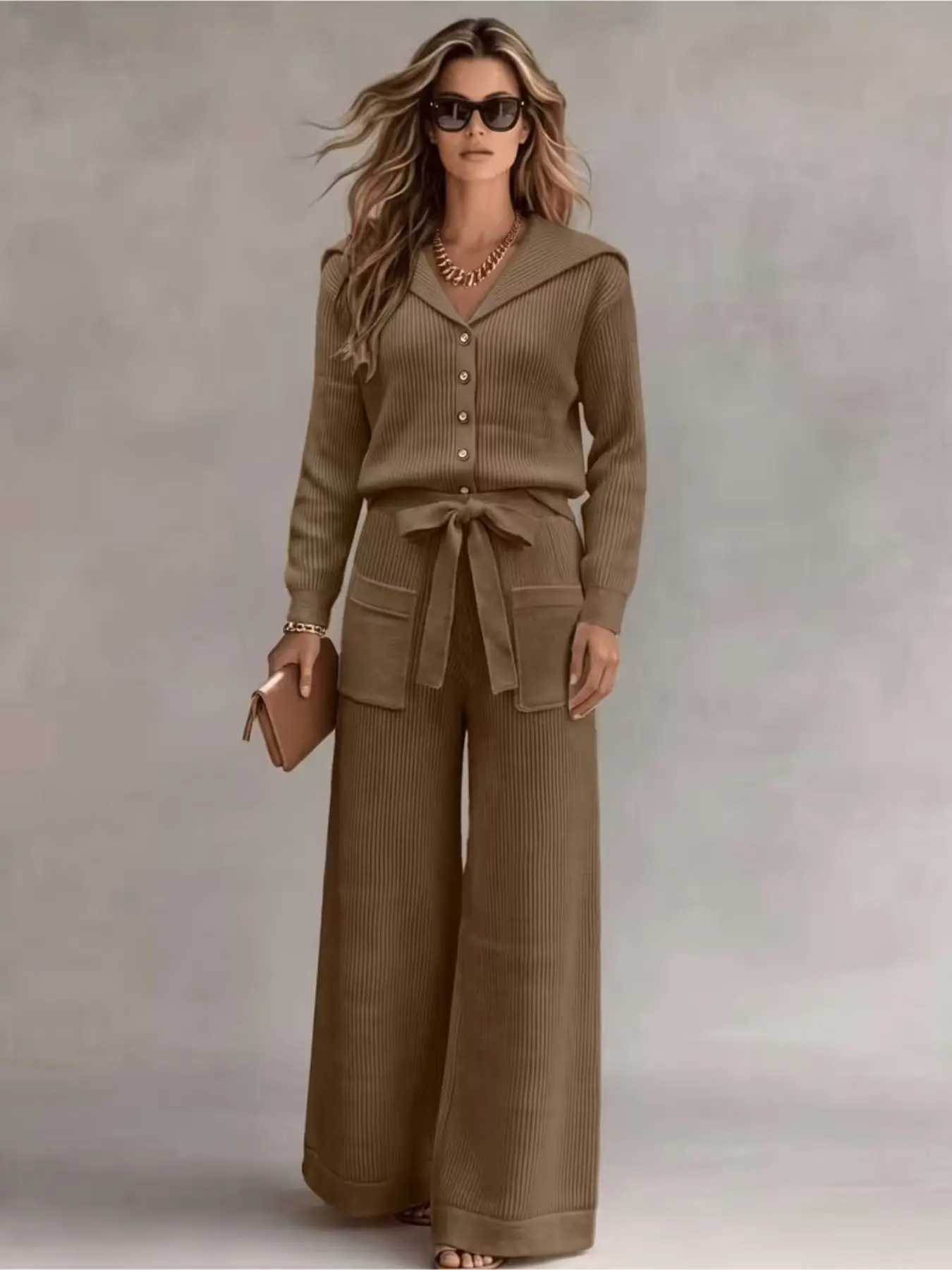 Complete Set Knit Cardigan with Button Front + Butterfly Knot Pocket Pants, Elegant Casual Style, Knit Sweater Sets, Perfect for Office & Weekend Tea Time