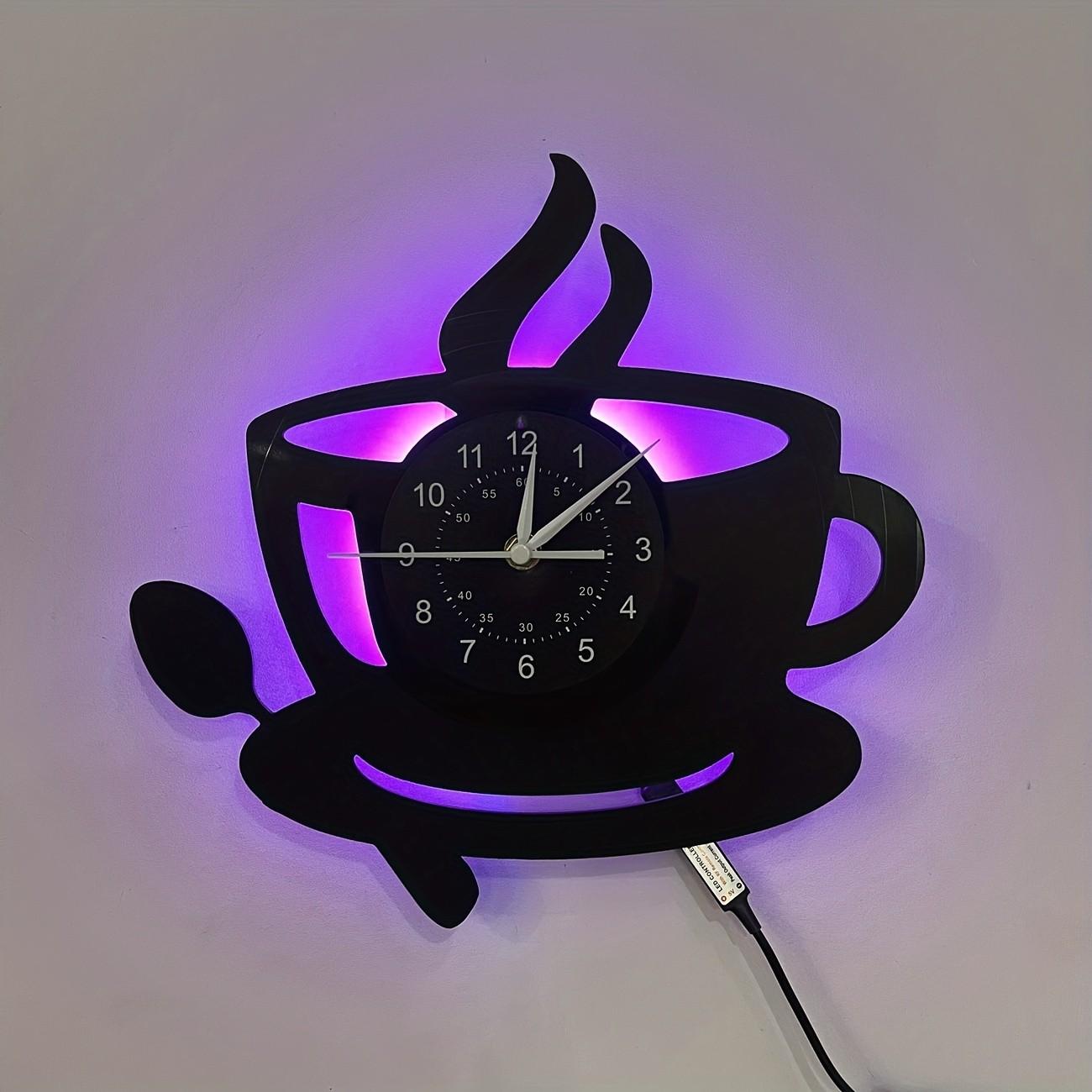 Kitchen Theme Vinyl Record Wall Clock, 7 Color LED Coffee Cup Clock, Living Room Bedroom Decor, Home Office Bar Cafe Decoration, Creative Decorative Clock