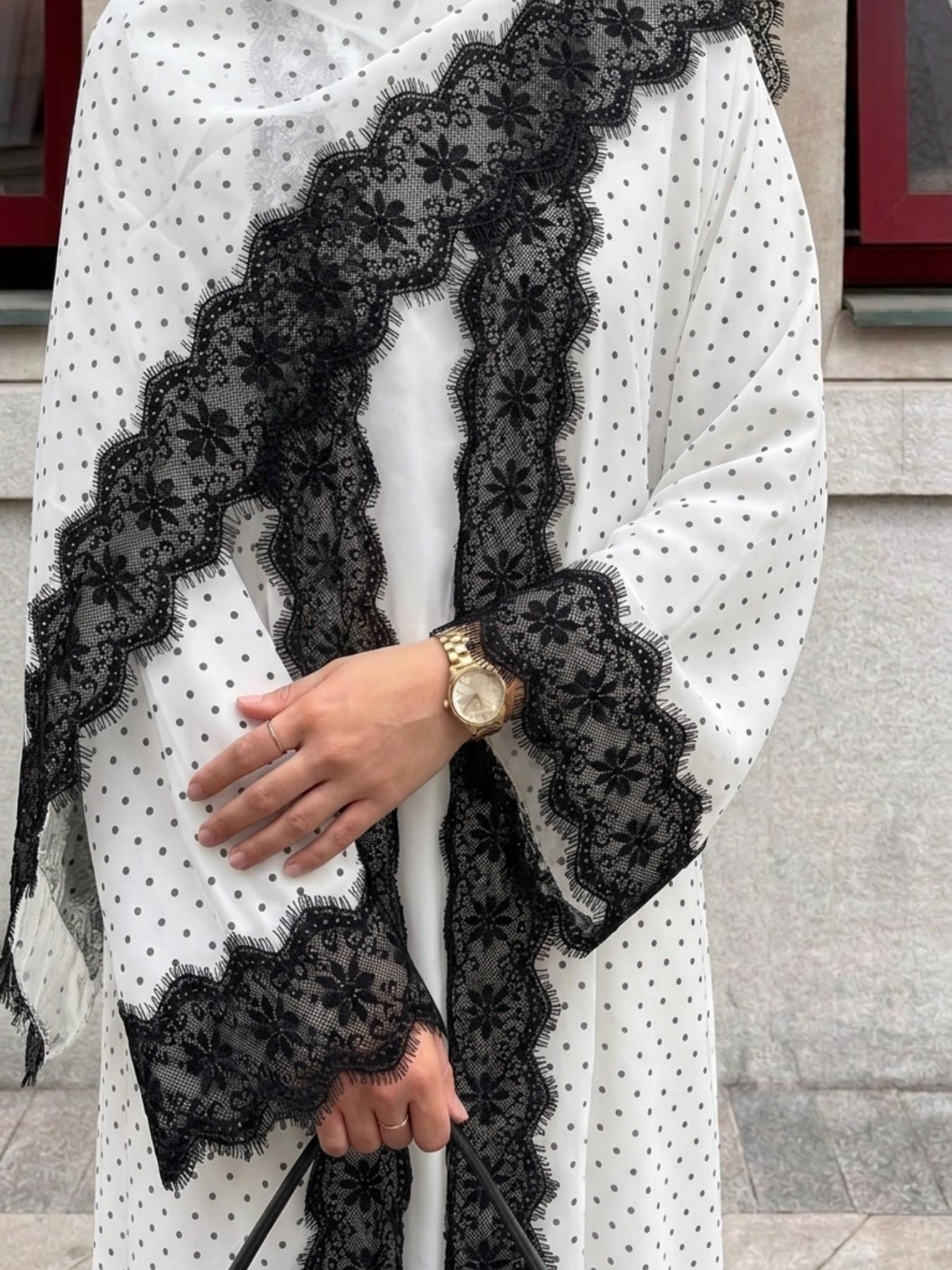 Elegant Two-Piece Lace Trim Polka Dot Open Front Modest Islamic Abaya Robe, Perfect for Parties, Vacations, Casual Wear, Ramadan
