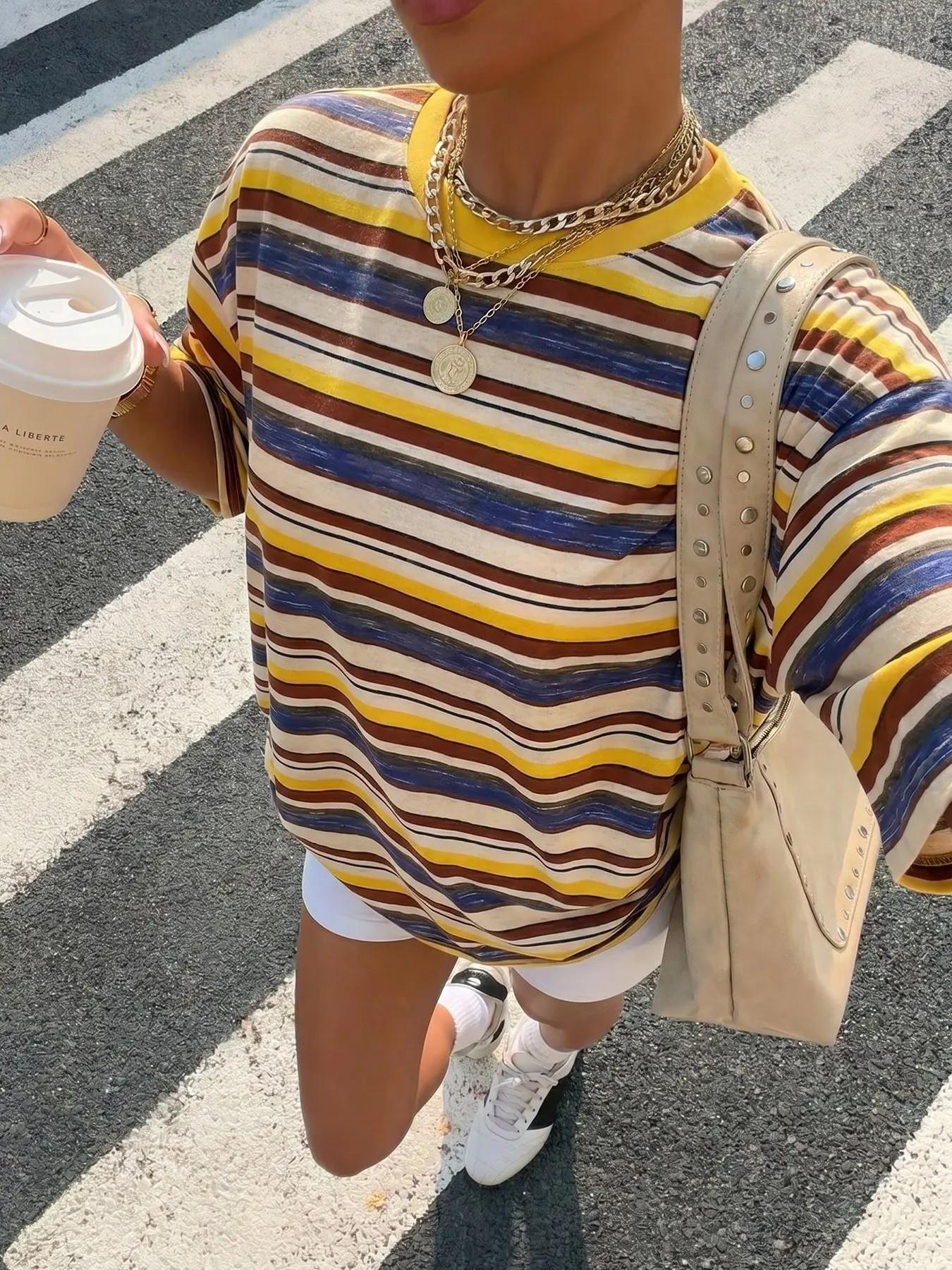 Women's Striped Loose Fit T-Shirt, Short Sleeve Round Neck Digital Print Top, Casual Comfortable Daily Wear, Summer Fashion Basic Tee, Casual Summer Tees