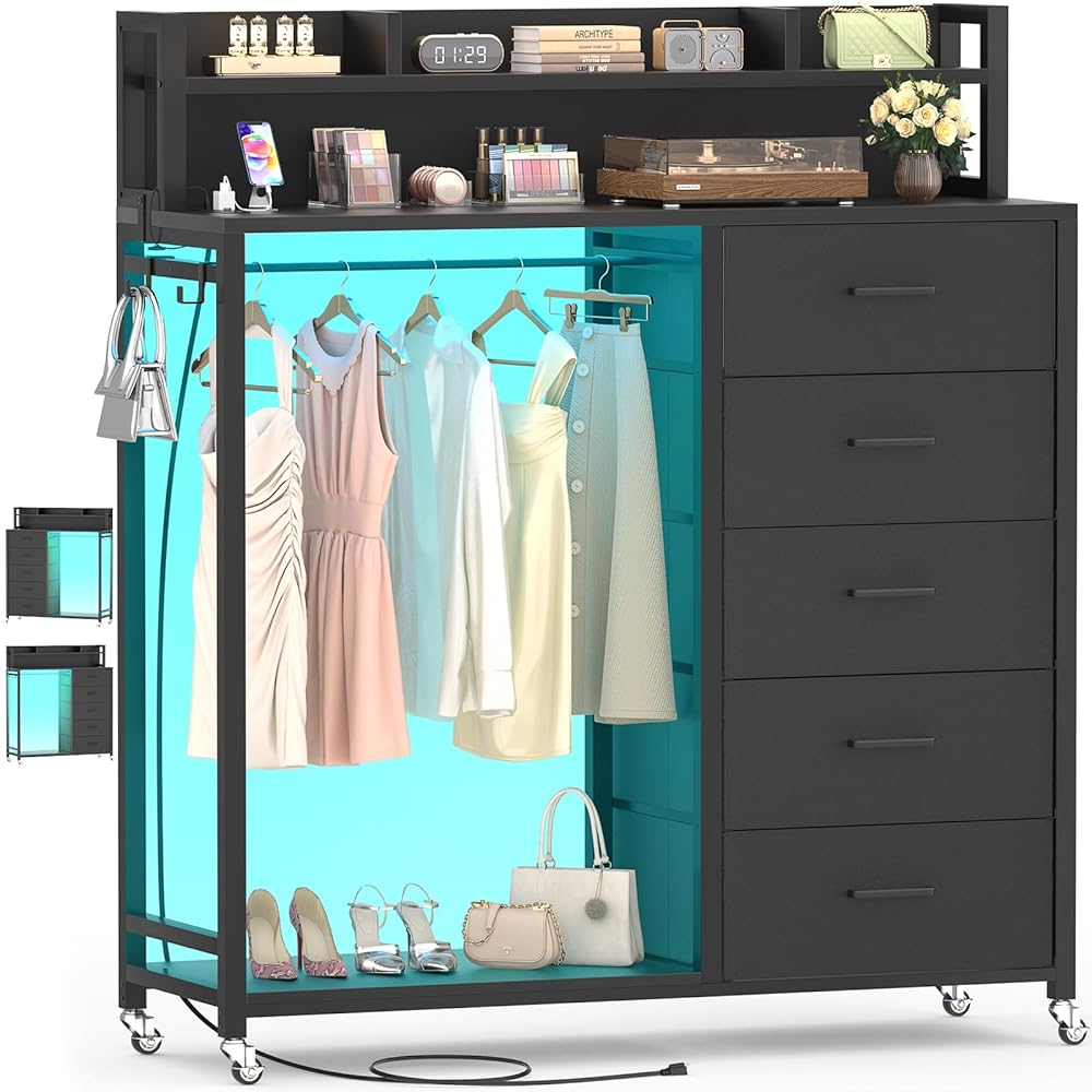 Unikito 5-in-1 Smart Storage cabinet + shelf/ LED Lights & USB Charging! Closet Organizer + 5 Fabric Drawers + Lockable Wheels Perfect for Bedroom/Entryway