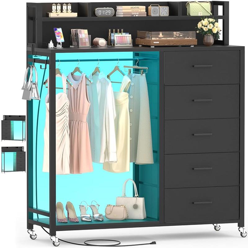 Unikito 5-in-1 Smart Storage cabinet + shelf/ LED Lights & USB Charging! Closet Organizer + 5 Fabric Drawers + Lockable Wheels Perfect for Bedroom/Entryway