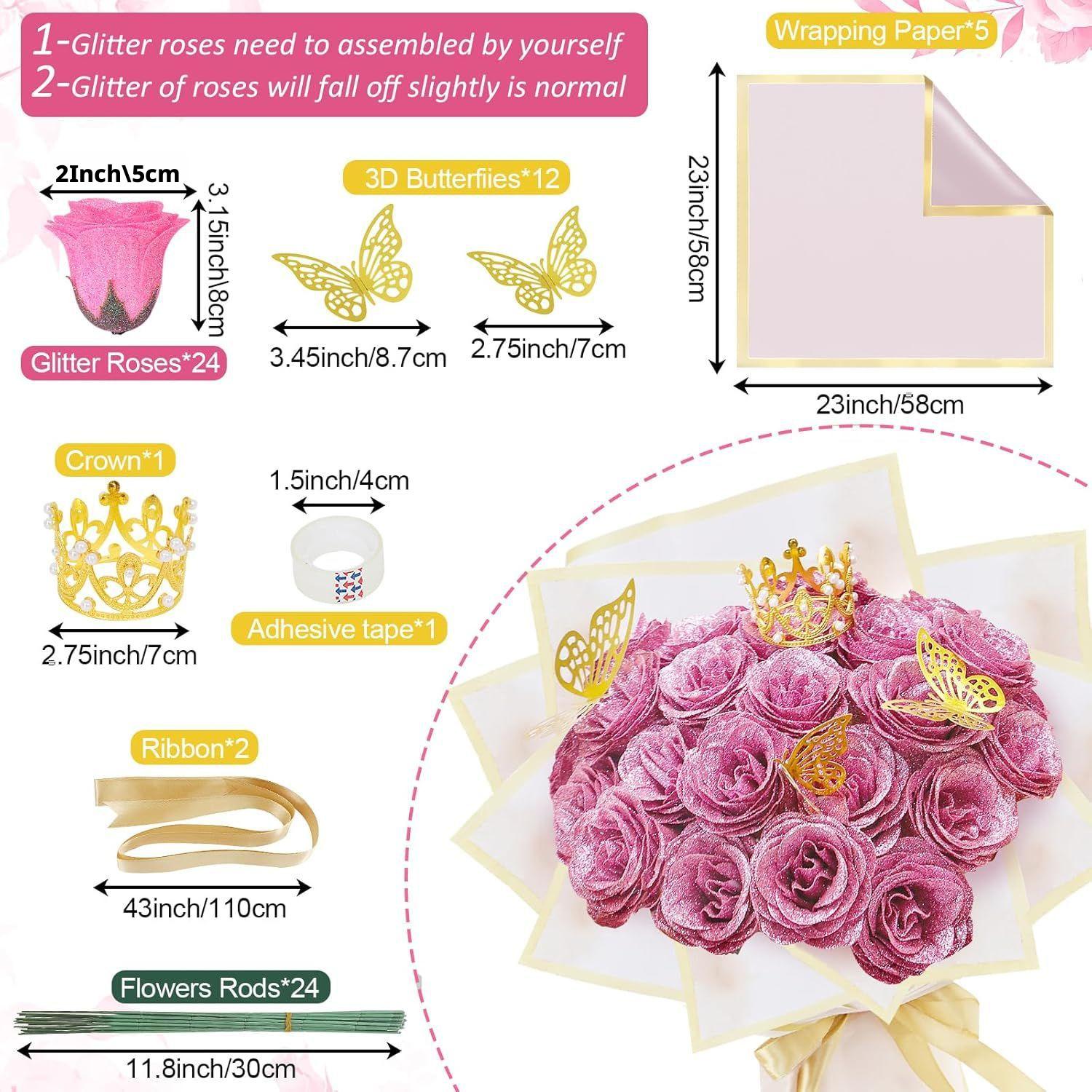 24/36 Pcs Glitter Roses Bouquet DIY Fake Flowers Set with 3D Butterflies Crown Alphabet Stickers Ribbon Mother's Day Gift for Mom Girlfriend Wife Women Valentine's Day Birthday Engagement Wedding Anniversary Graduation Gift TikTok Viral Aesthetic Craft