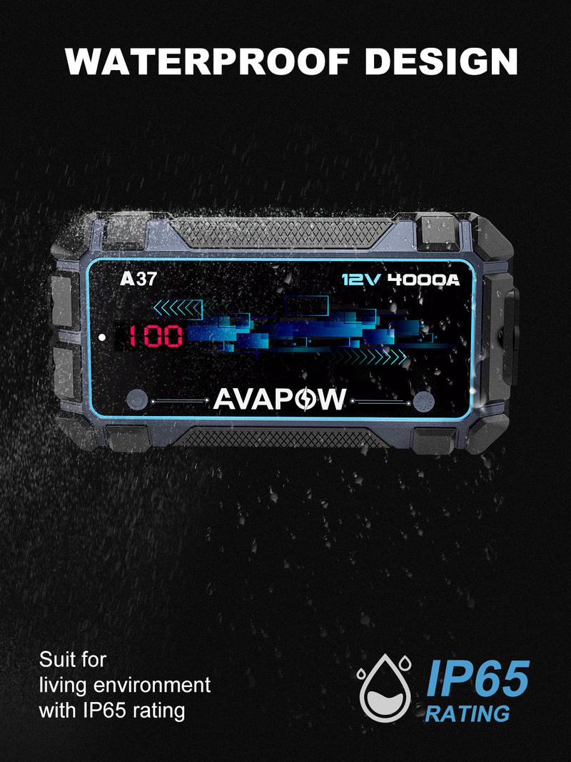 AVAPOW 4000A Car Battery Jump Starter–12V Portable Power for 10L Gas/10L Diesel Engines, Booster Function, PD 60W Fast Charging Lithium Jump Box Outdoorfun