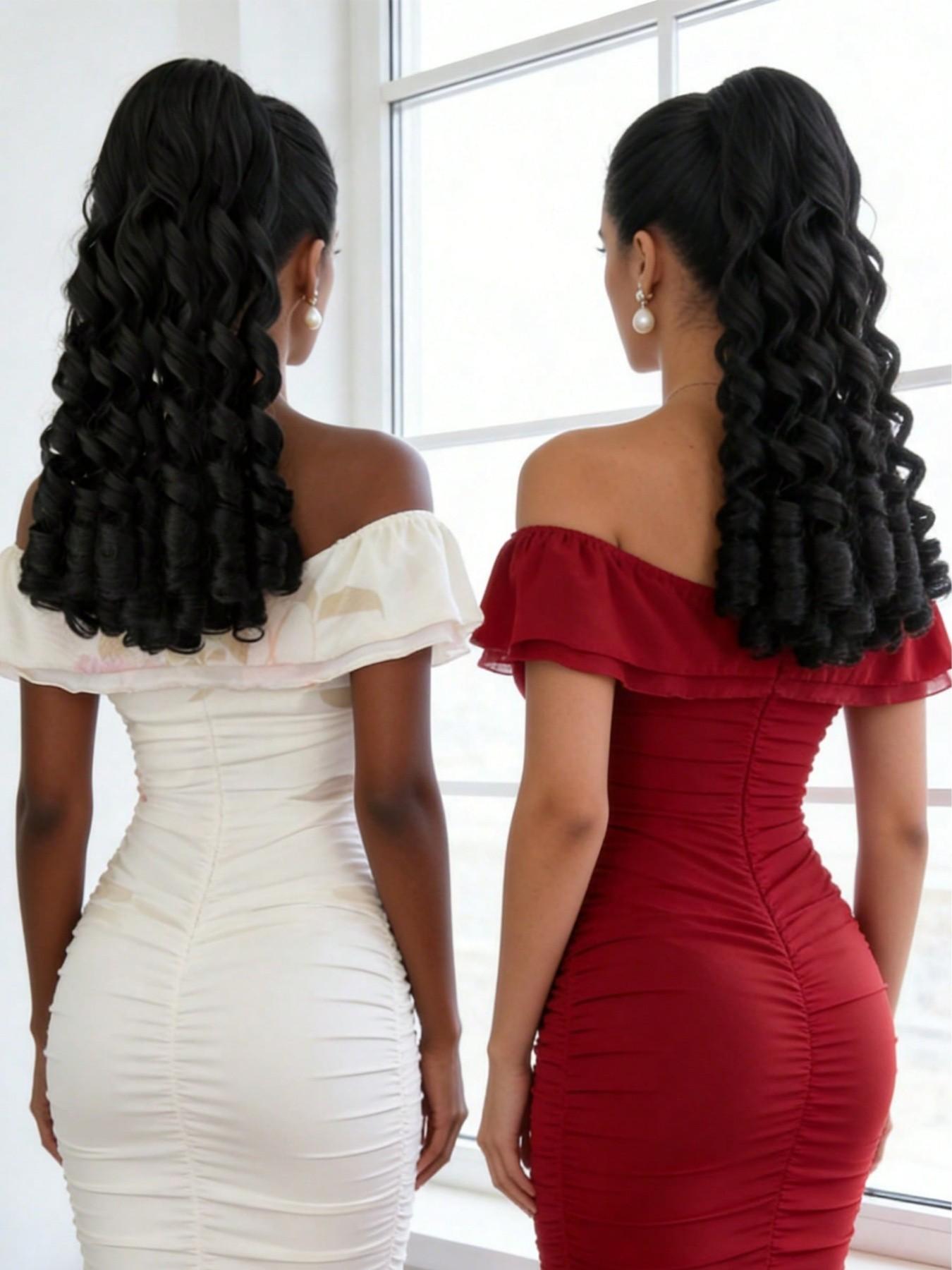 20 inch Long Wavy Synthetic Ponytail Drawstring Roman Curly Ponytail Wine Red Extensions for Women Daily Party Use，Drawstring Style Roman Curl Ponytail Wig Suitable for Women's Daily Wear and Holidays