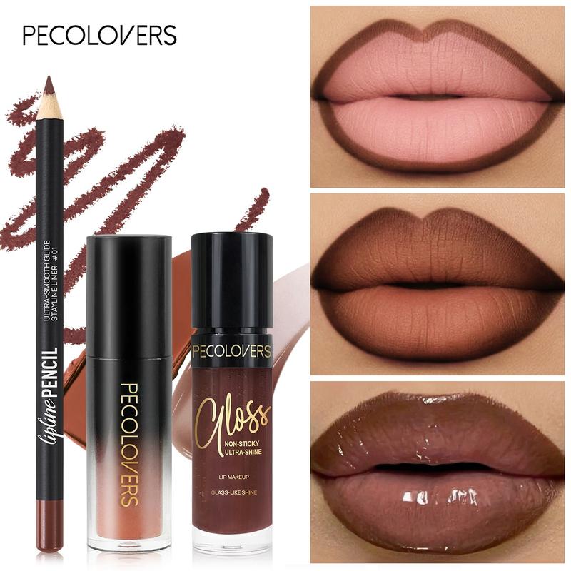 3pcs/Set Velvet Texture Lip Makeup Set Nude Lip Liner, Lip Gloss & Lip Oil Set, Waterproof & Matte Finish, 3-in-1 Long-Lasting Nude Lip Makeup Kit for Women