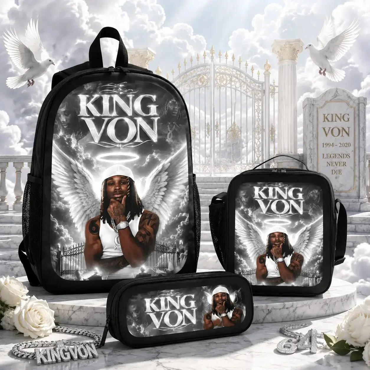 King Von 3-Piece Backpack Set - Adjustable Shoulder Strap, Pencil Case, Lunch Bag, Lightweight Comfortable School Backpack for Teen Rapper Fans, Back to School & Travel (Laptop-Compatible for Students), Backpacks For School