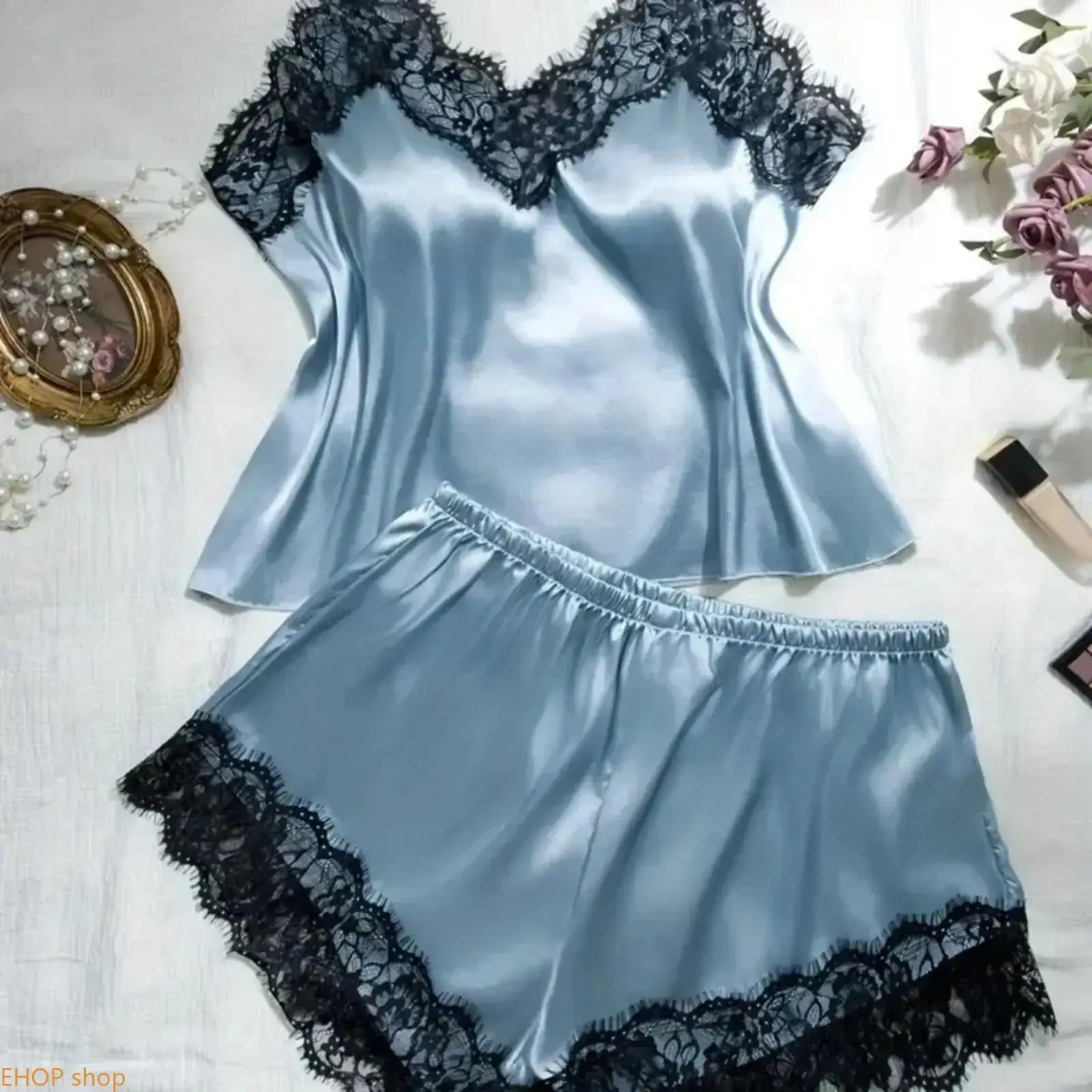 Women’s Essential V-Neck Satin Cami Top & Matching Shorts Sleepwear Set, Smooth Silky Loungewear with Lace Trim, Elegant Comfort Home Outfit for Daily Indoor Wear and Relaxation