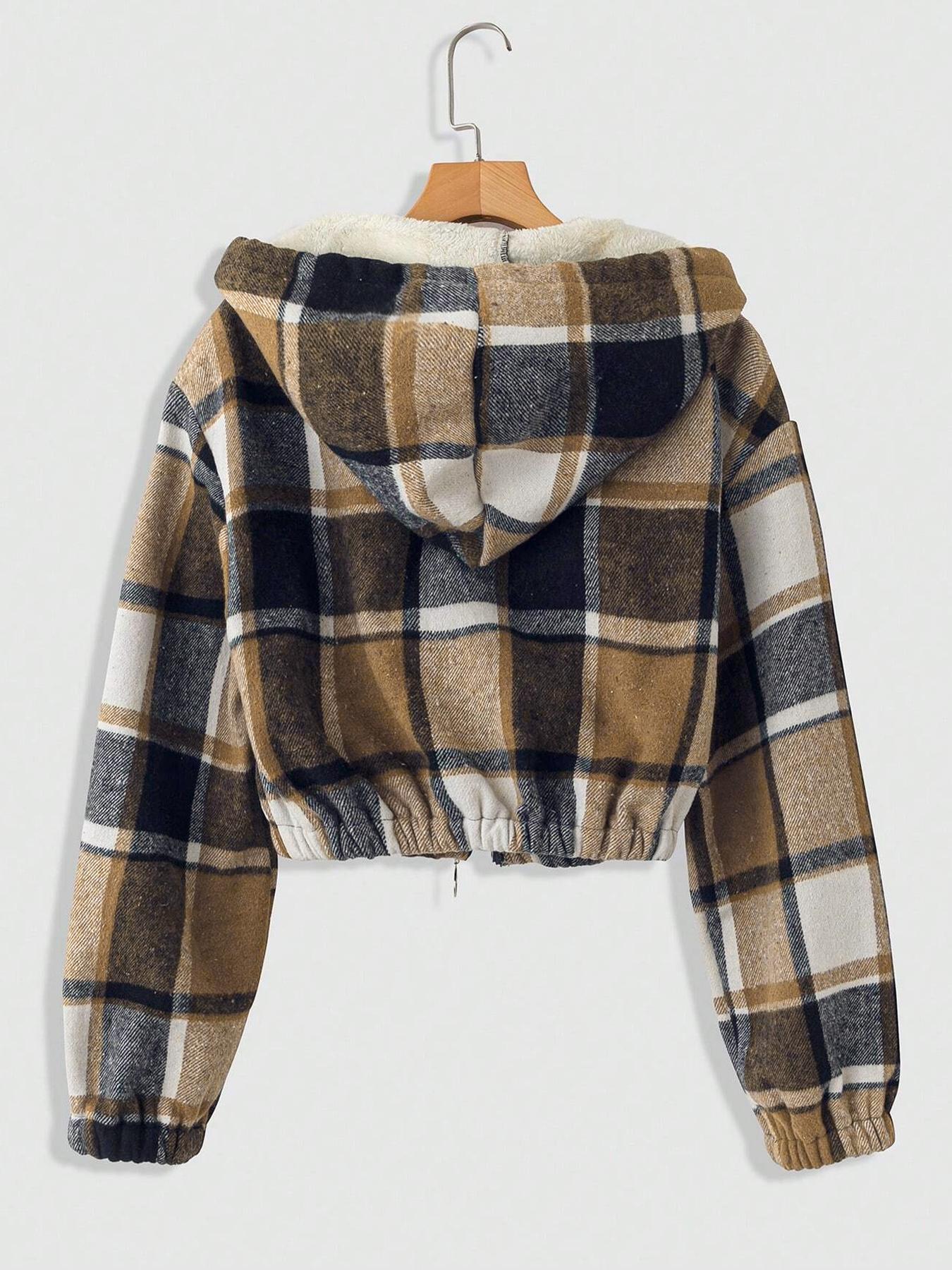 Women's Plaid Print Hooded Zipper Warm Lined Short Loose Fashionable Jacket, Long Sleeve Casual Outerwear, Fall & Winter Fashion Coat, Womenswear, Hoodie outerwear vacation style comfy chic sleek Women's Plaid Print Hooded Zipper Warm Lined Short Loose Fashionable Jacket, Long Sleeve Casual Outerwear, Fall & Winter Fashion Coat, Womenswear, Hoodie outerwear vacation style comfy chic sleek