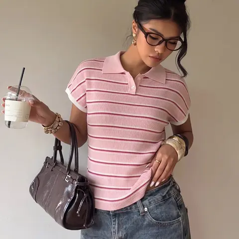 Elegant Women's Spring Summer Fashion Casual Polo Shirt Home Office Commute Basic Simple Fitted Knit Rib Striped Collared Button Half Open Short Sleeve Pullover Knitwear Knitted Polo Shirts