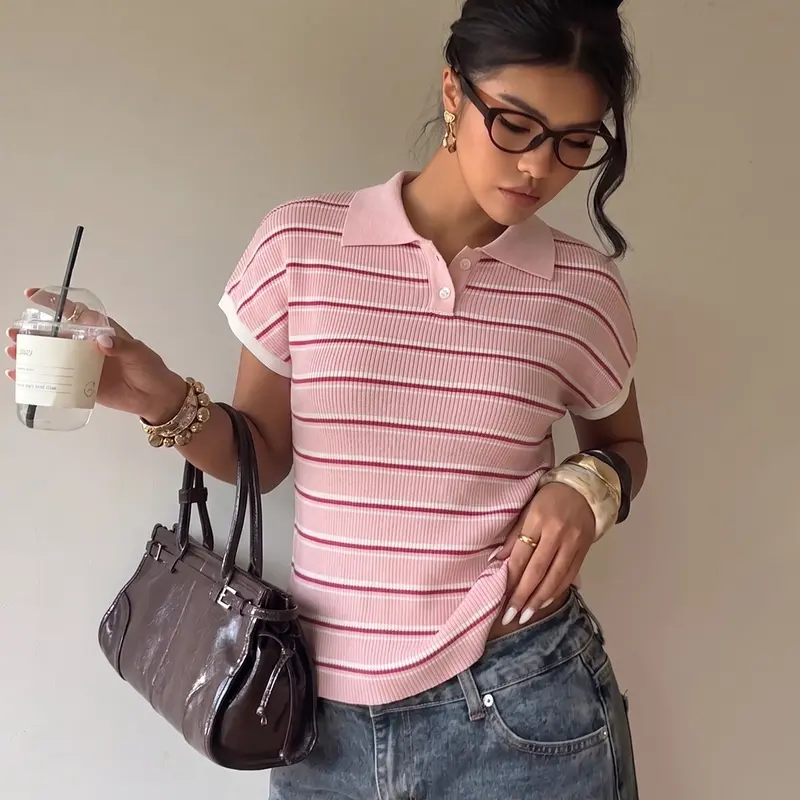 Elegant Women's Spring Summer Fashion Casual Polo Shirt Home Office Commute Basic Simple Fitted Knit Rib Striped Collared Button Half Open Short Sleeve Pullover Knitwear Knitted Polo Shirts