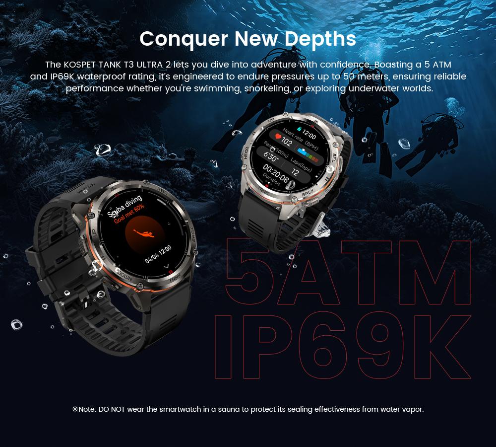 KOSPET TANK T3 Ultra 2 Smart Watch GPS Calls 50-Day Battery 1.43 AMOLED Display 5ATM Water Proof Stainless Steel Body Compatible Android iOS Men Gadgets Blood Pressure Heart Rate Tracker Magnetic Charging, New Year Pick