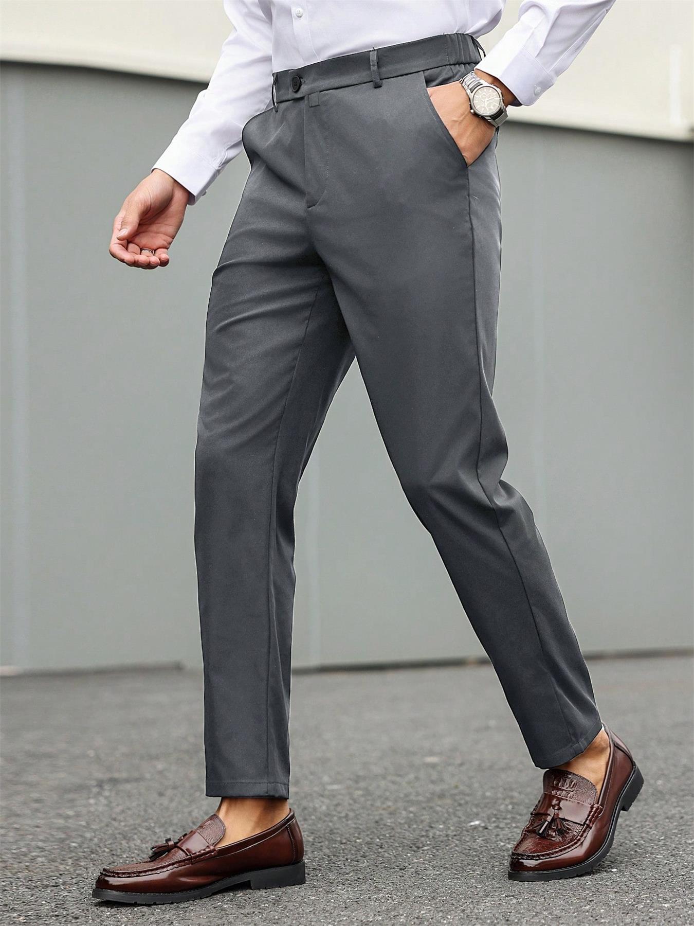 Men's Casual Solid Color Dress Pants Formal, Button Elastic Waist Fall Pants, Business Long Pants for Spring Summer Office Wear Club Wear Going Out Party