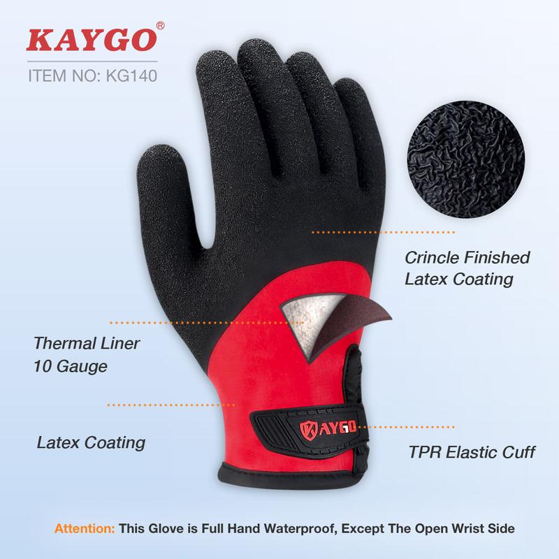 KAYGO Winter Waterproof Thermal Work Gloves for Men and Women, Full Hand Latex Coated, Acrylic Insulated Liner for Freezer Cold Weather, Fine Crinkle Grip,KG140W