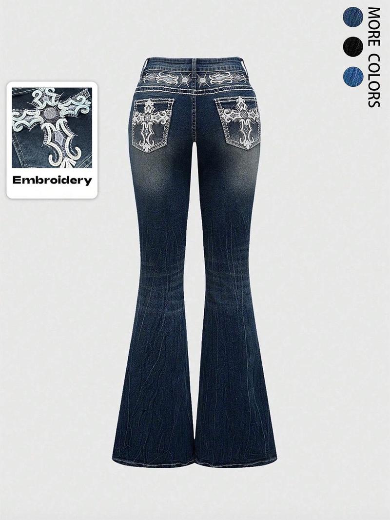 Grunge Punk Y2K Retro Poket Cross Wings Embroidered Flare Leg Fitted Stretch Jeans For Women,Bootcut Jeans