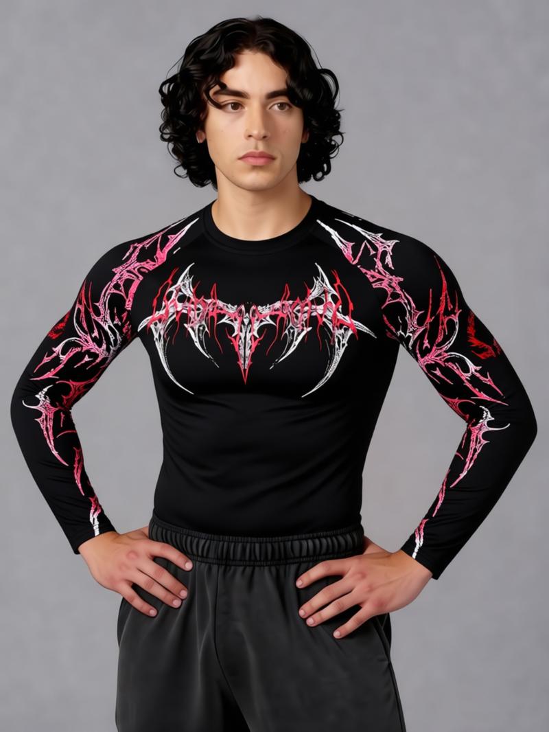 Men's Professional Sports Quick-Dry Fitness Shirt, Gothic Print Long Sleeve, High Elasticity, Round Neck, Moisture-Wicking, Running, Training, Daily Wear, Gym Workout Shirt