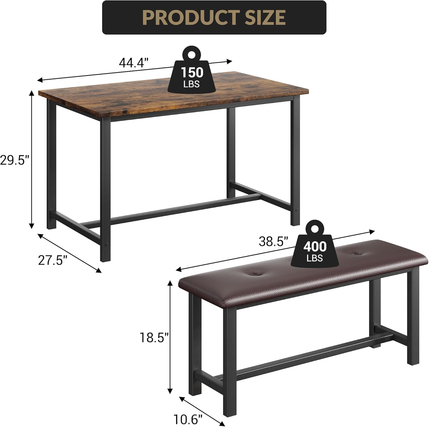 3-Piece Dining Table Set for 4 People, 44" Space Saving Kitchen Table with 2 Benches, Industrial Rectangular Dining Room Table Chairs Set