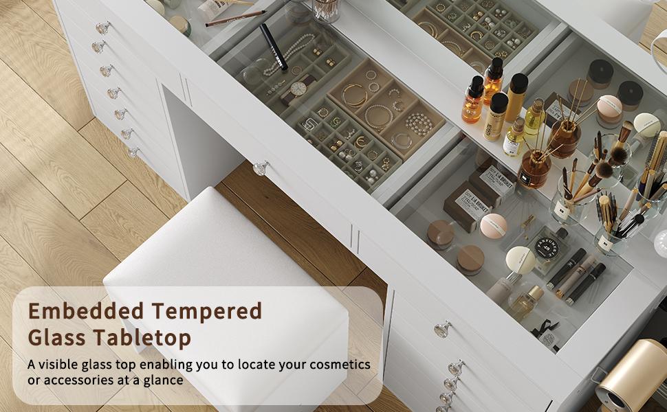 FUSOU 55" W Vanity Desk, Makeup Vanity with Charging Station, 15 Drawers Vanity with Lighted Mirror, 3 Lighting Modes, Brightness Adjustable, Glass Top, Vanity Table with Chair for Bedroom