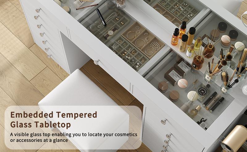 FUSOU [ Valentine's Day ] 55" W Vanity Desk, Makeup Vanity with Charging Station, 15 Drawers Vanity with Lighted Mirror, 3 Lighting Modes, Brightness Adjustable, Glass Top, Vanity Table with Chair for Bedroom