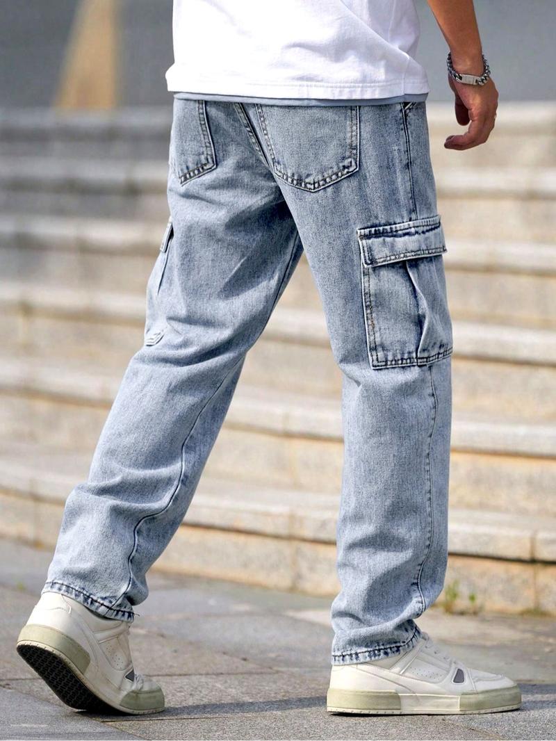 Men's Solid Color Washed Straight Leg Cargo Jeans, Loose Casual Comfy Flap Pocket & Slant Pocket Design Denim Trousers for Daily Wear, Fashion Men's Bottoms for All Seasons, Cotton, Relaxed Fit Jeans, Baggy Jeans, Pants