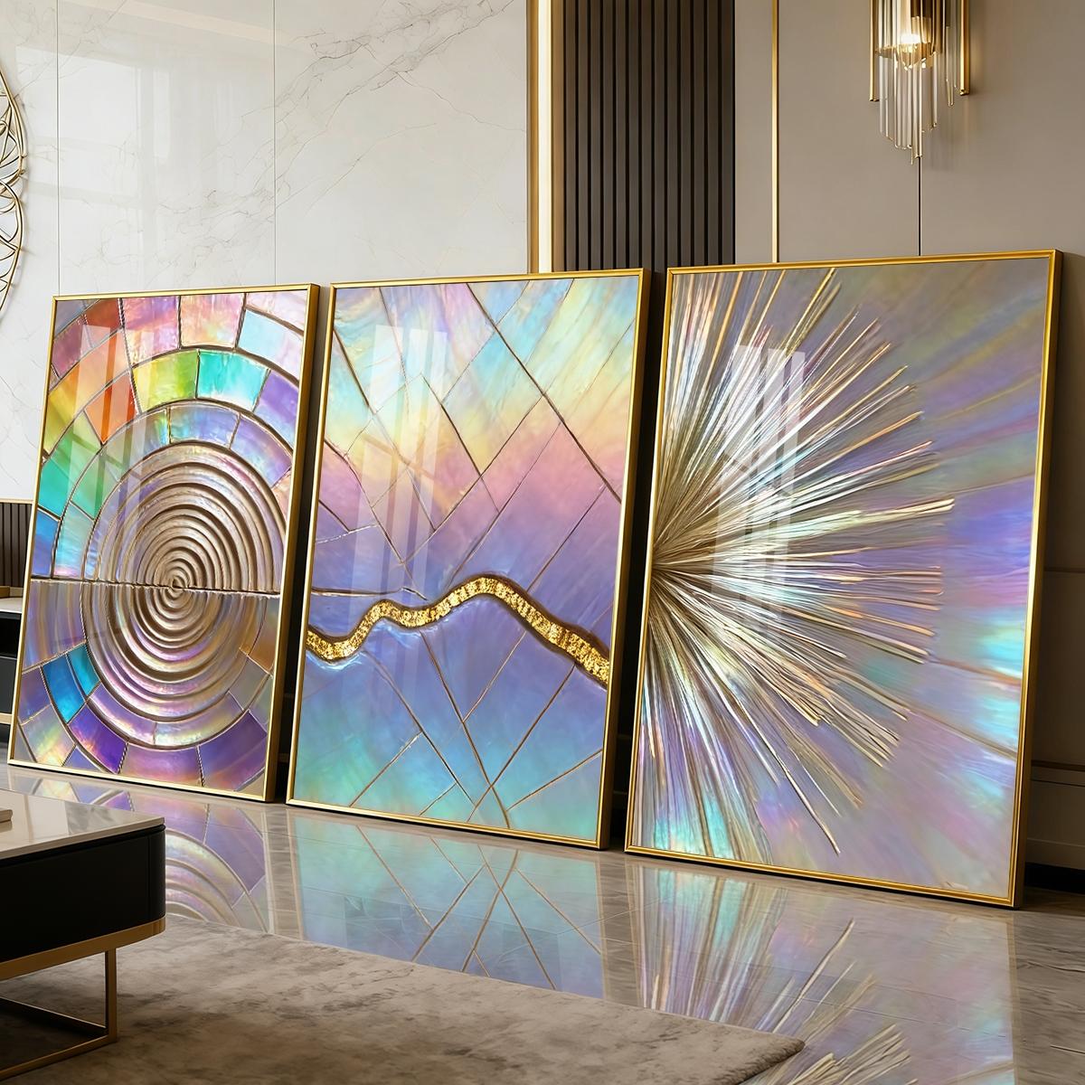 3 Counts Aluminum Alloy Framed Painting, Iridescent Abstract Geometric Art, Home Decoration For Living Room, Bedroom, Office, Restaurant, Hallway Wall Decor, Odorless Print Artwork, Luxury Perfect Gift For Friends And Family