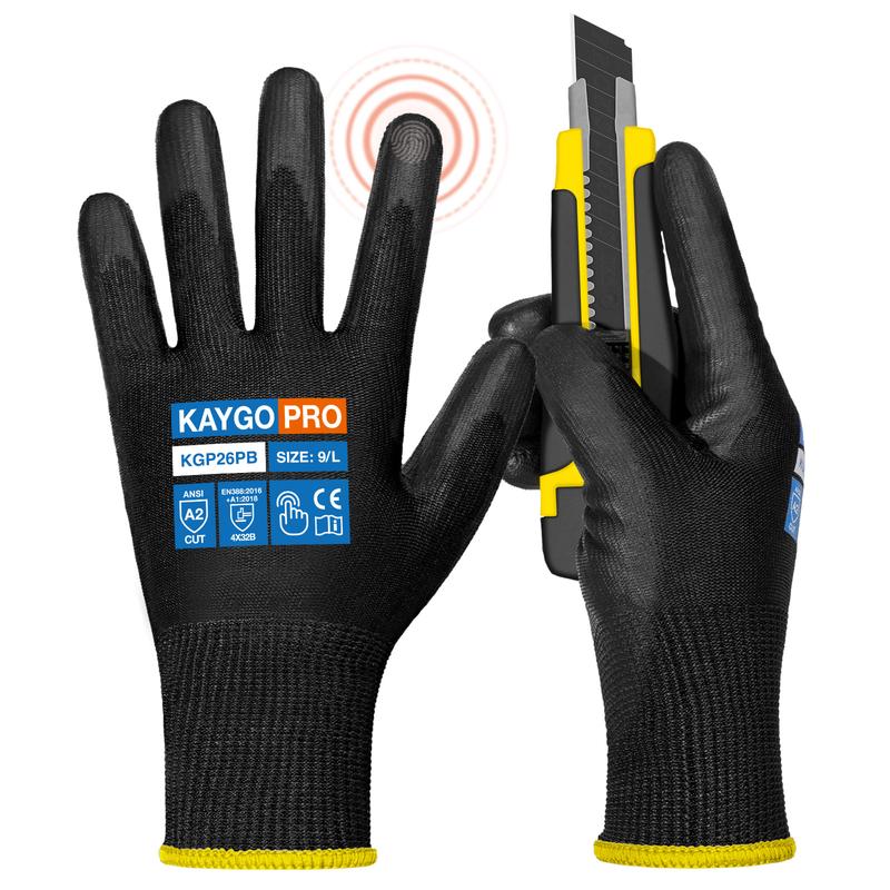 Outdoor Activity Gloves. KAYGO Safety Work Gloves PU Coated for Men and Women- KG11PB,12 Pairs,Seamless Knit Glove with Two Fingers Touchscreen,Ideal for General Duty Work (Large,Black)