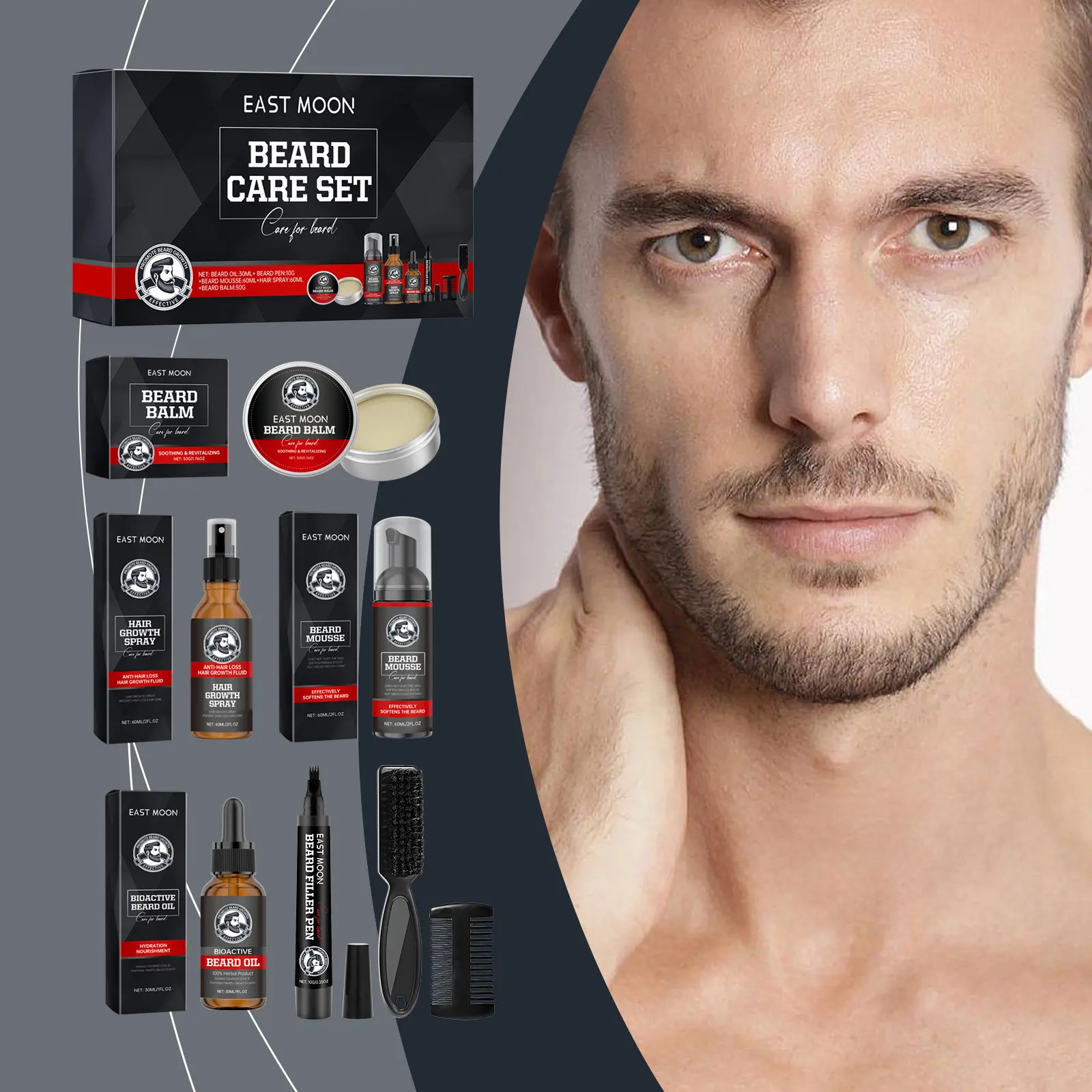 EAST MOON Full Beard Grooming Kit for Men, Beard Balm, Oil, Mousse, Spray, Filler Pen & Brushes, Gentle Daily Beard Cleansing and Styling Set