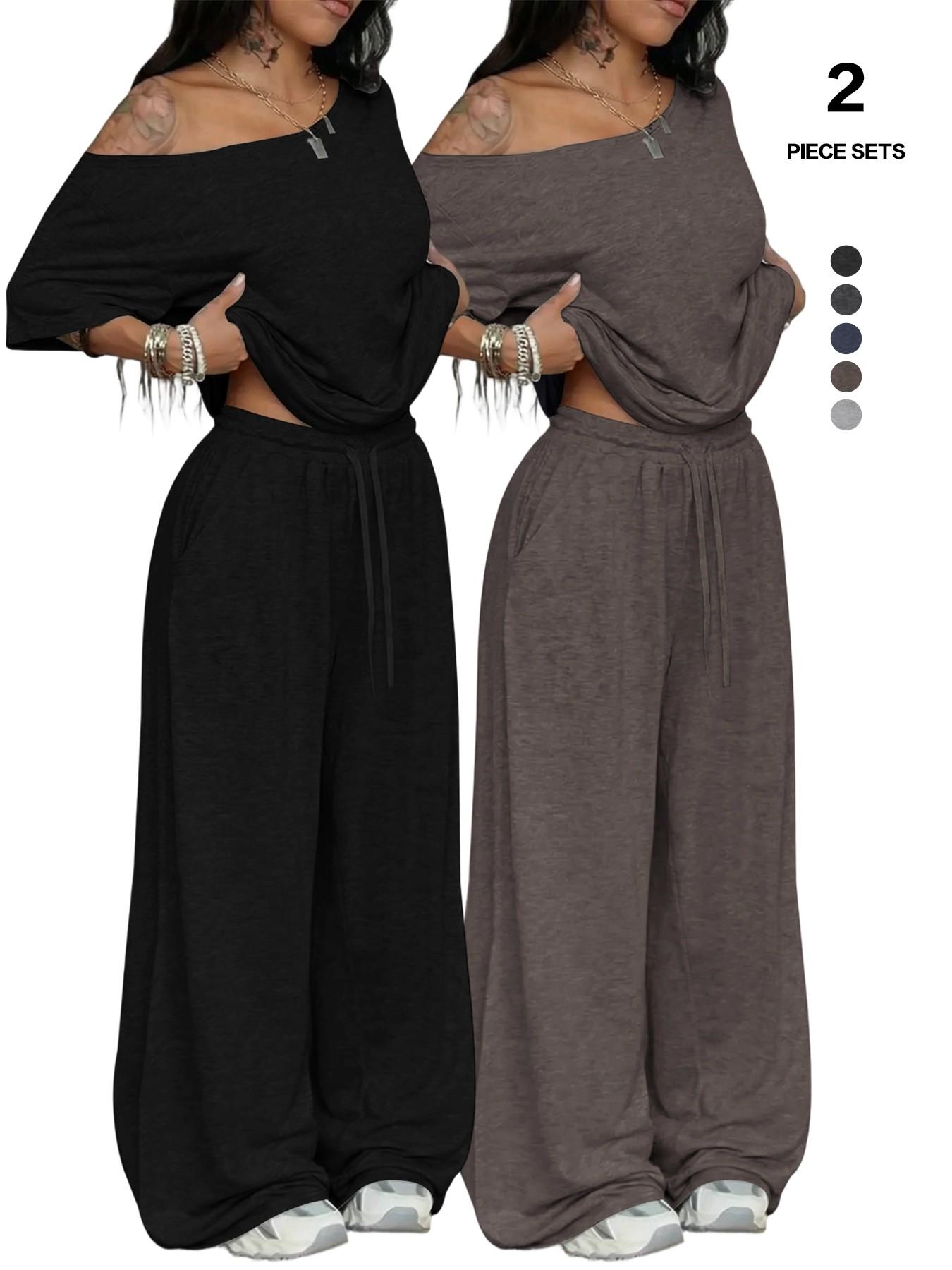 Women's 2-Piece Lounge Set, Off-Shoulder Oversized Top & Wide-Leg Pants, Soft Comfortable Drawstring Loungewear for All Seasons
