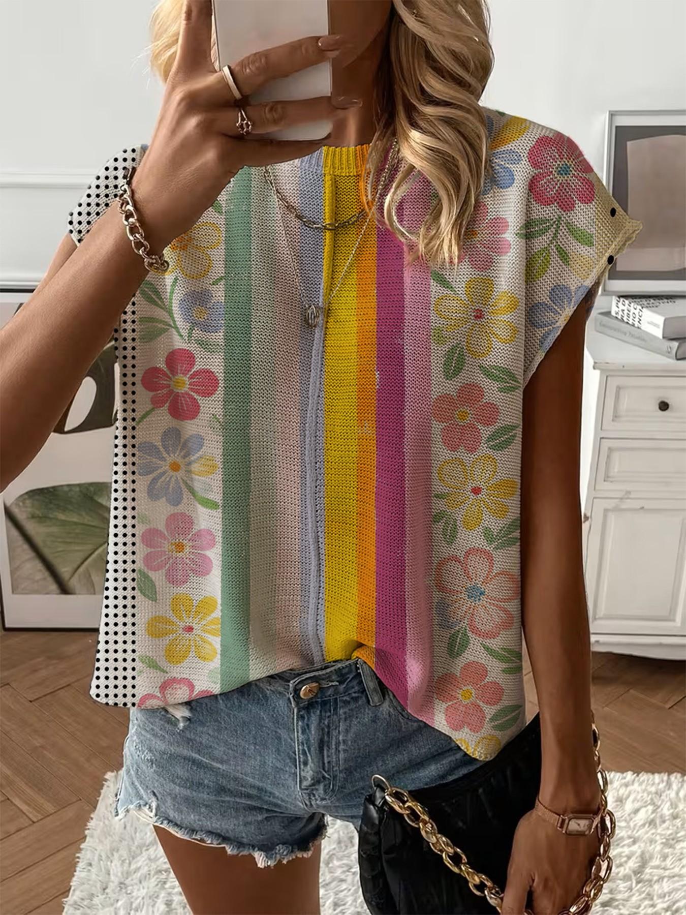 Spring/Summer crew neck drop-shoulder loose fit contrast stripe splicing print short-sleeve women's knit top, vacation style, casual elegant commute, ladies short-sleeve knit top, bikini cover-up.