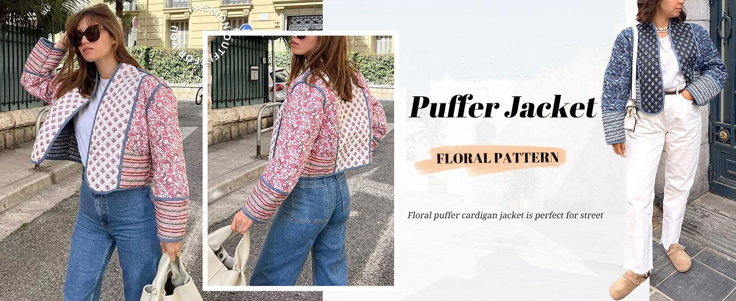 Women's Cropped Floral Quilted Jacket Cardigan Printed Lightweight Open Front Padded Puffer Coat-New Products