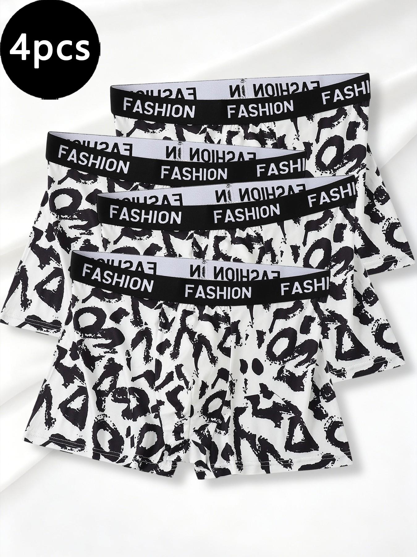 4-piece men's trendy printed boxer briefs, comfortable and breathable, with stylish color-blocked waistband