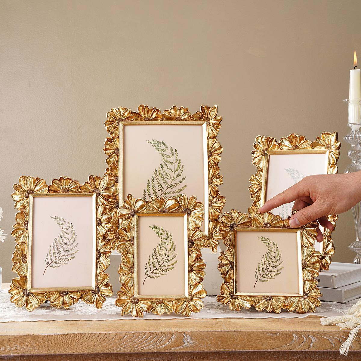 European Style Daisy Flower Pattern Frame, Resin Hand-Painted Photo Display, Indoor Desktop Decor, Wedding, Party Decoration