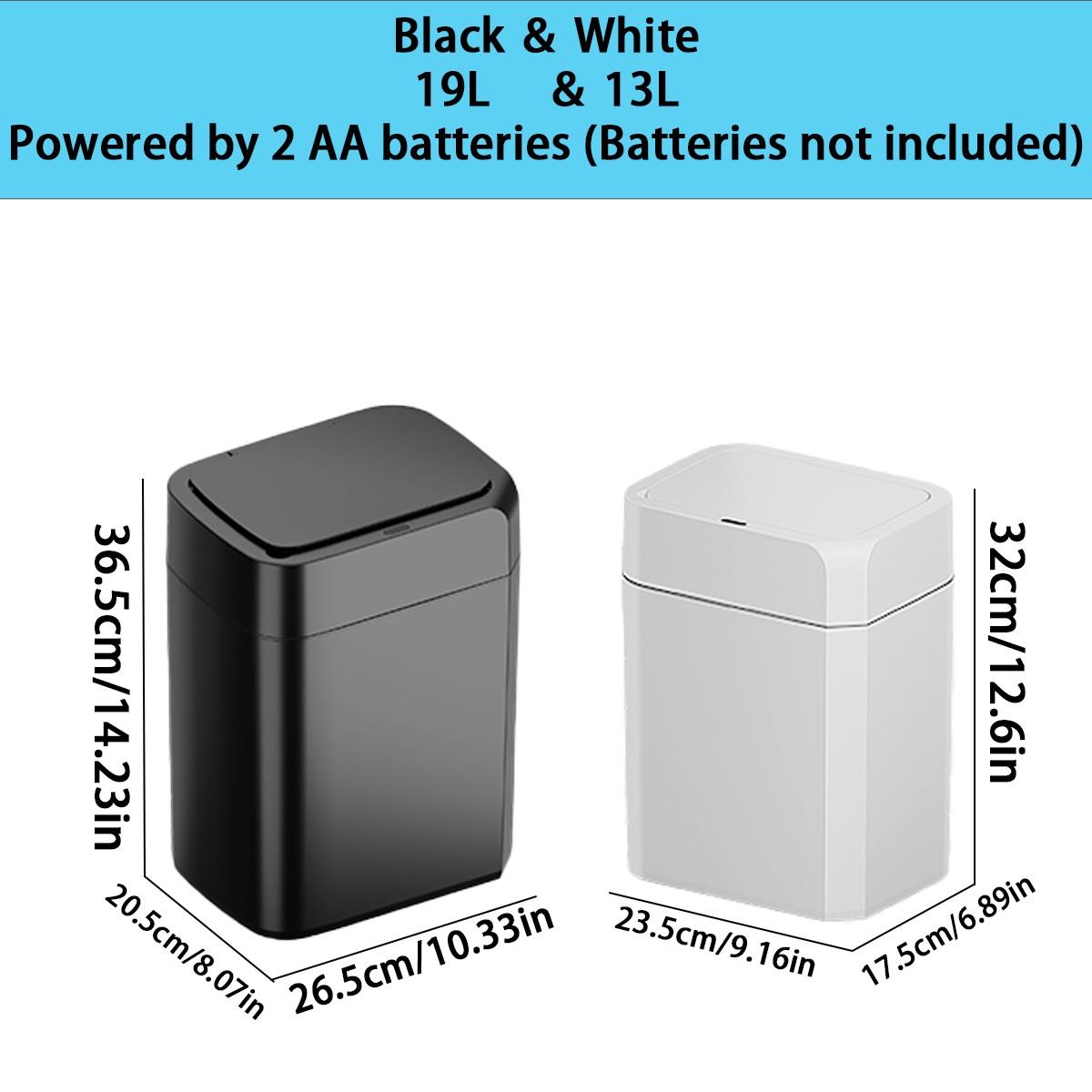 Touchless Trash Can, 3.43 & 5.02 GAL sizes available, automatic motion sensor garbage bin, hands-free soft-close lid, slim plastic body with odor-sealing design, suitable for kitchen, bathroom, office, hotel, requires 2 AA batteries (not included).